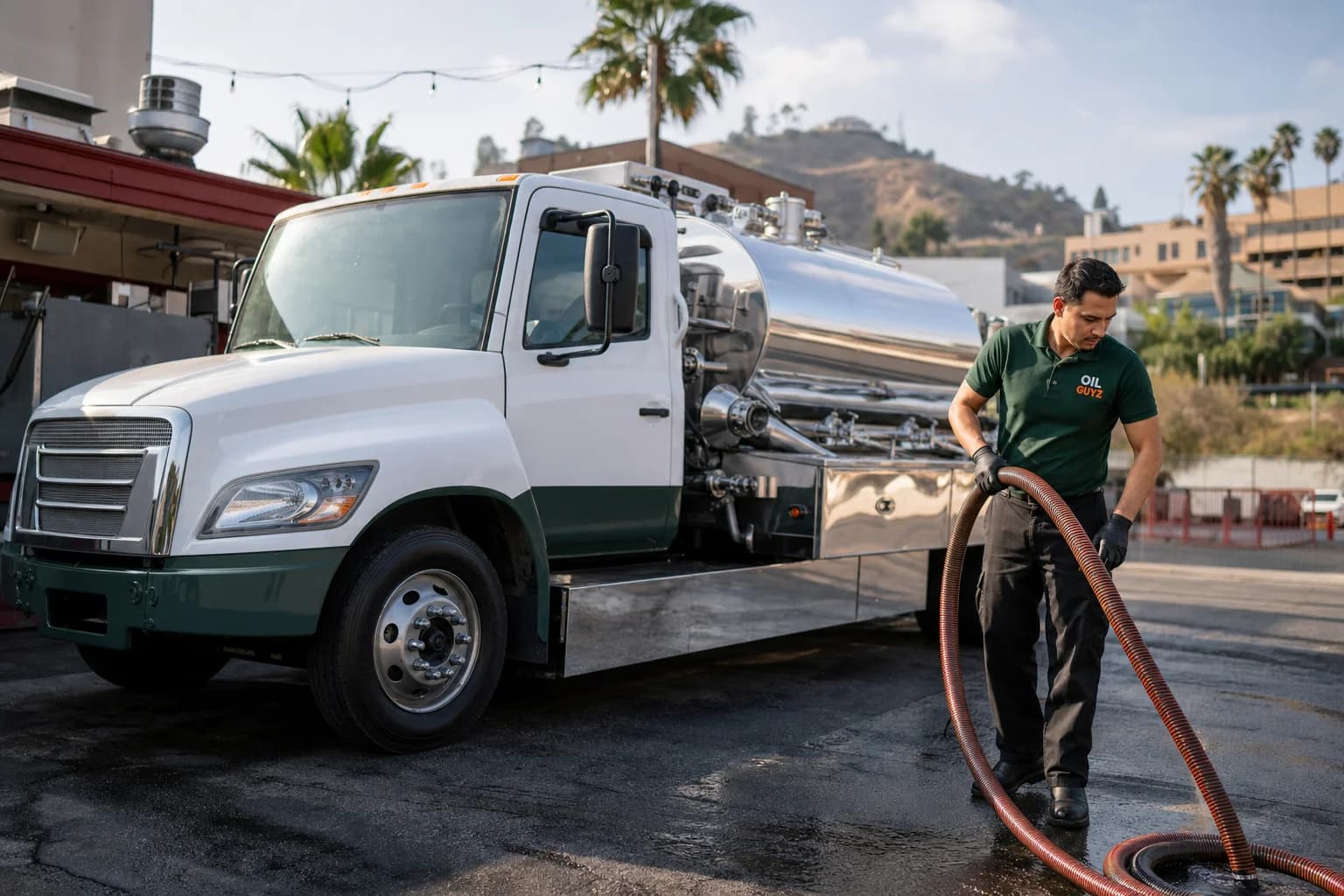 Free used cooking oil pickup at a Downey restaurant — unbranded white pump truck with hunter-green Oil Guyz technician