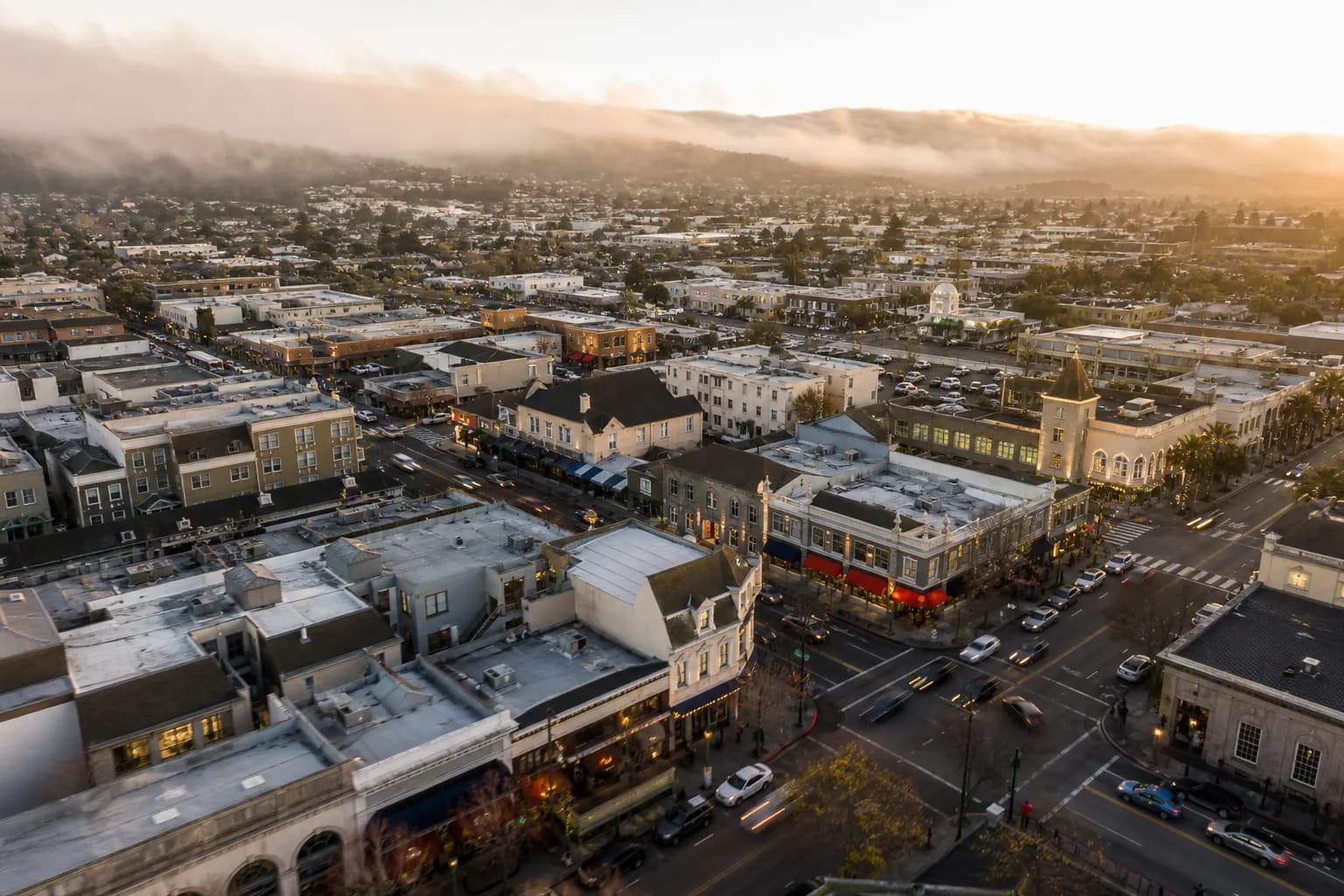 Aerial view of Dublin restaurant district at golden hour
