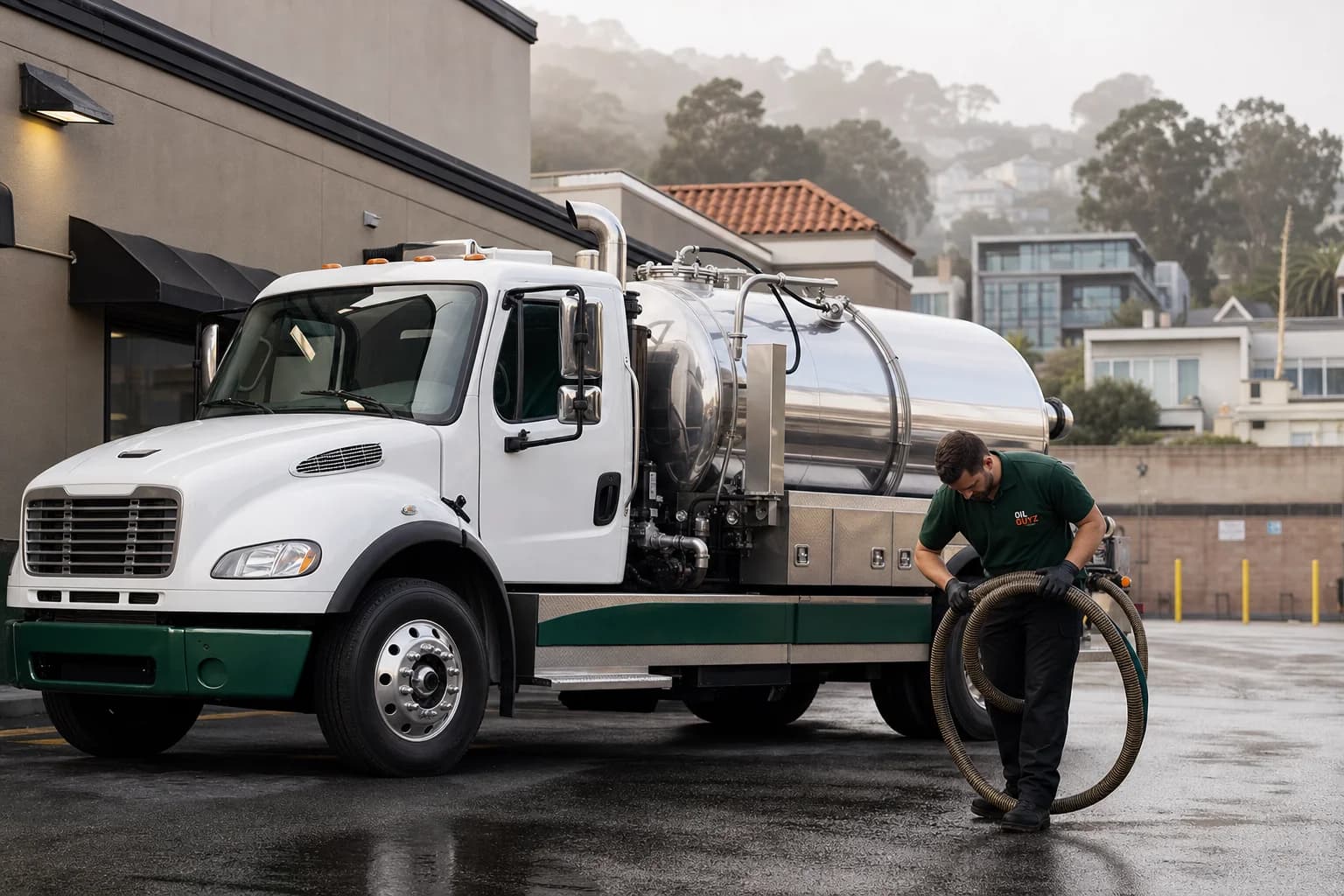Free used cooking oil pickup at a Dublin restaurant — unbranded white pump truck with hunter-green Oil Guyz technician
