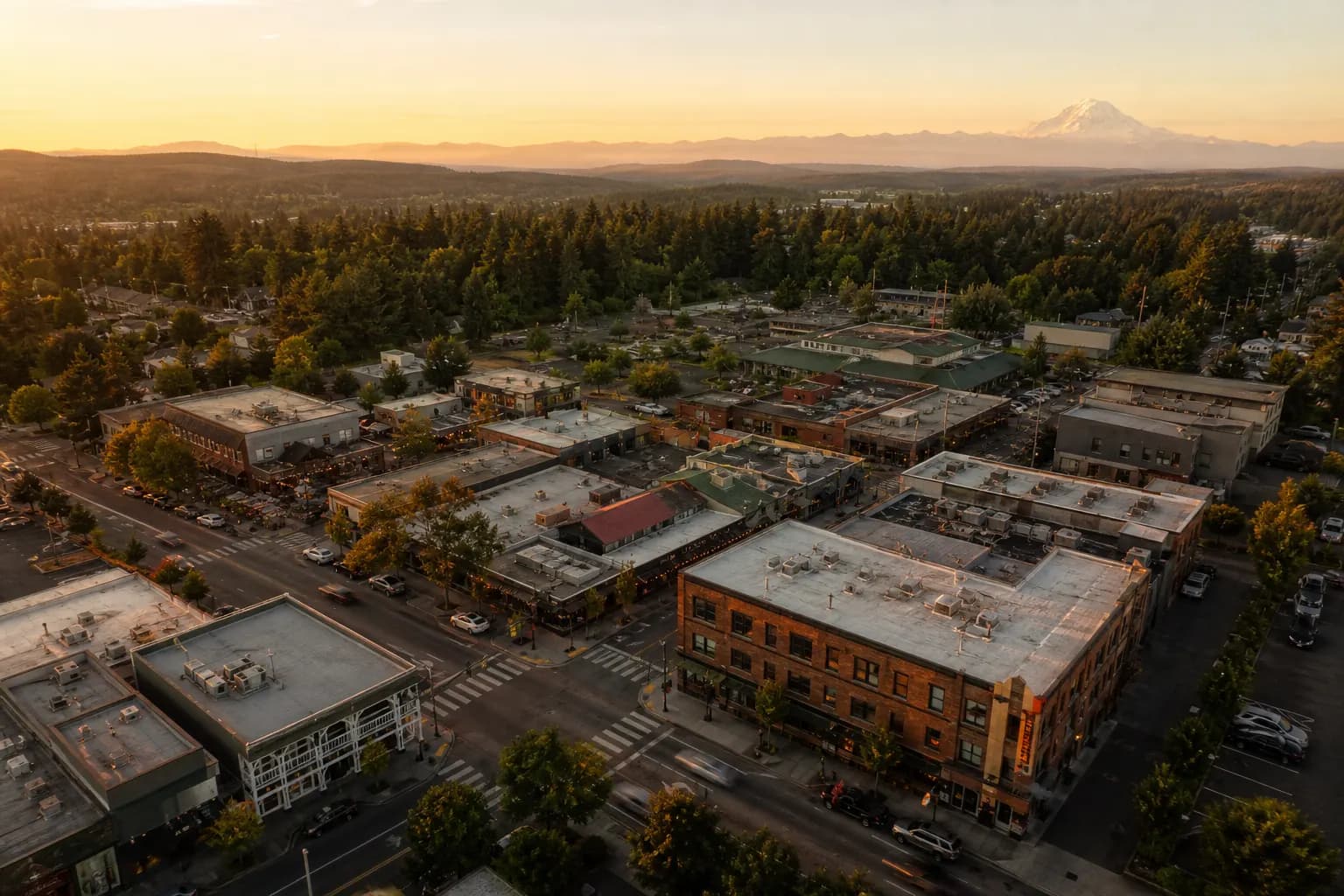 Aerial view of DuPont restaurant district at golden hour