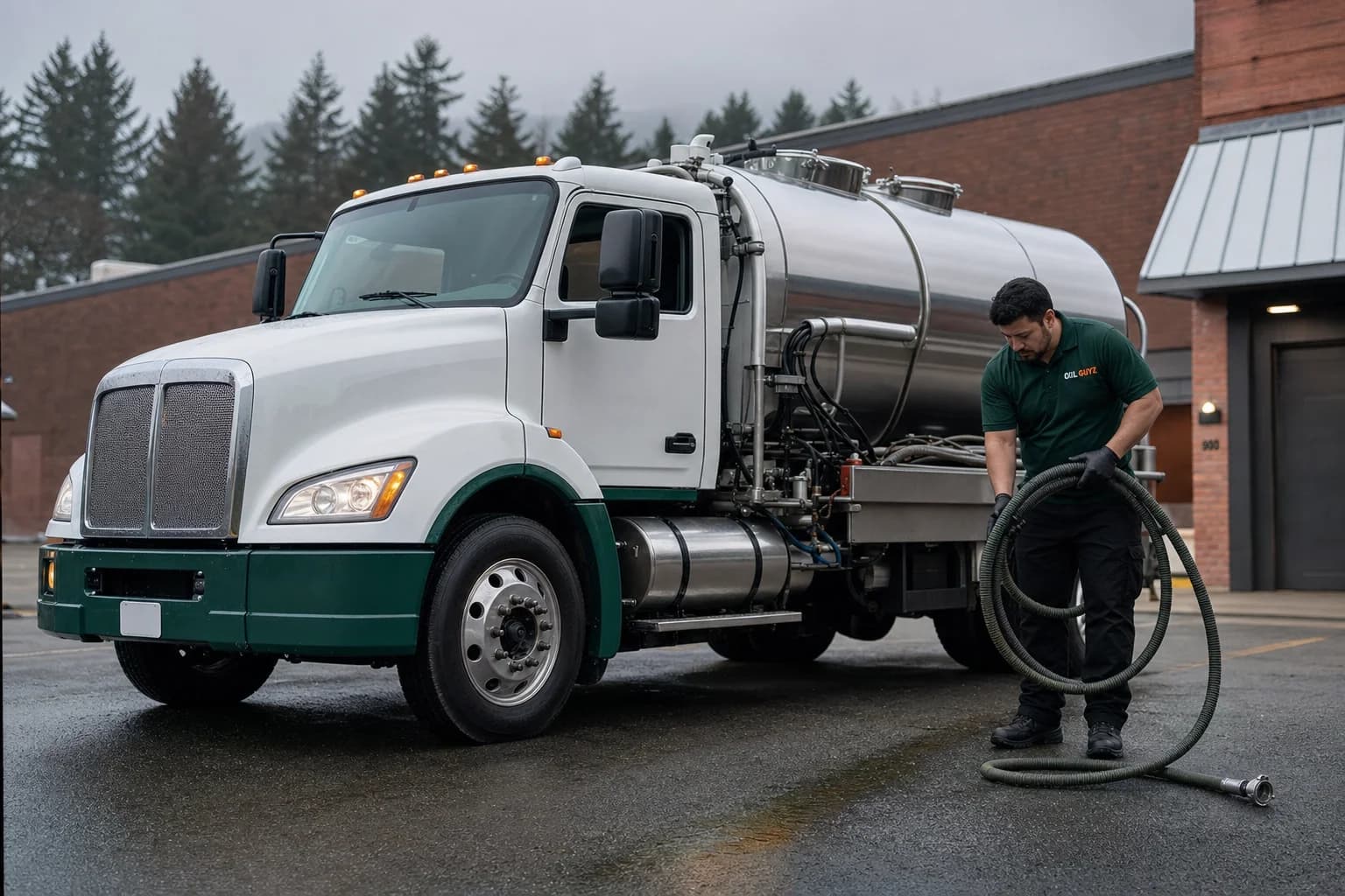 Free used cooking oil pickup at a DuPont restaurant — unbranded white pump truck with hunter-green Oil Guyz technician