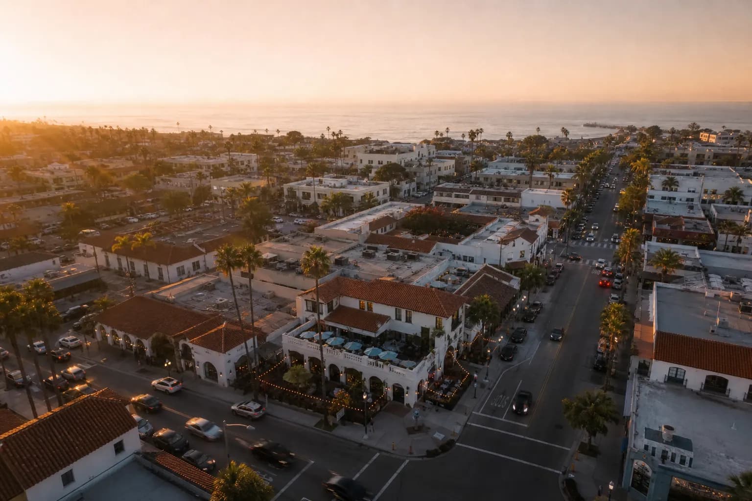 Aerial view of El Cajon restaurant district at golden hour