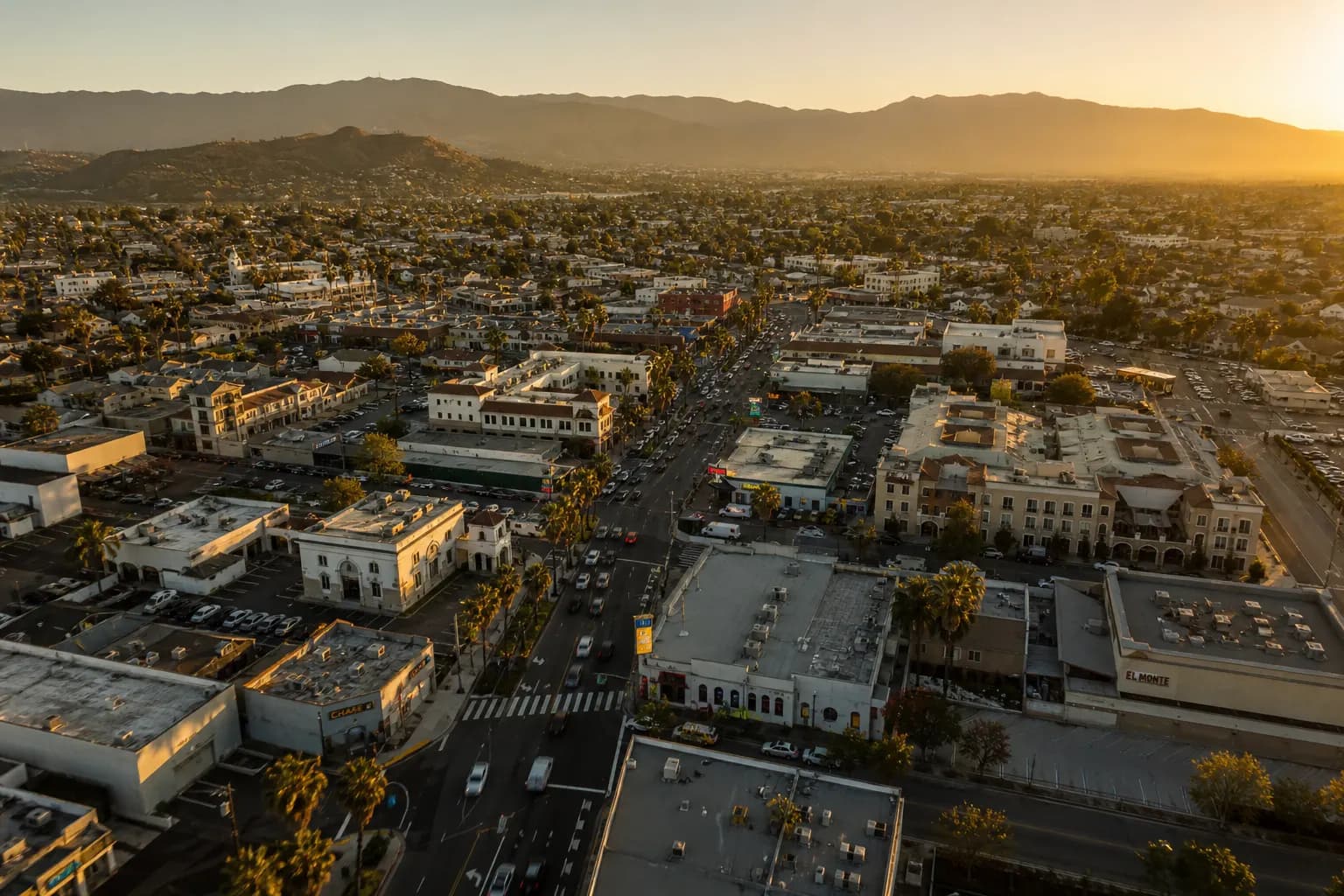 Aerial view of El Monte restaurant district at golden hour
