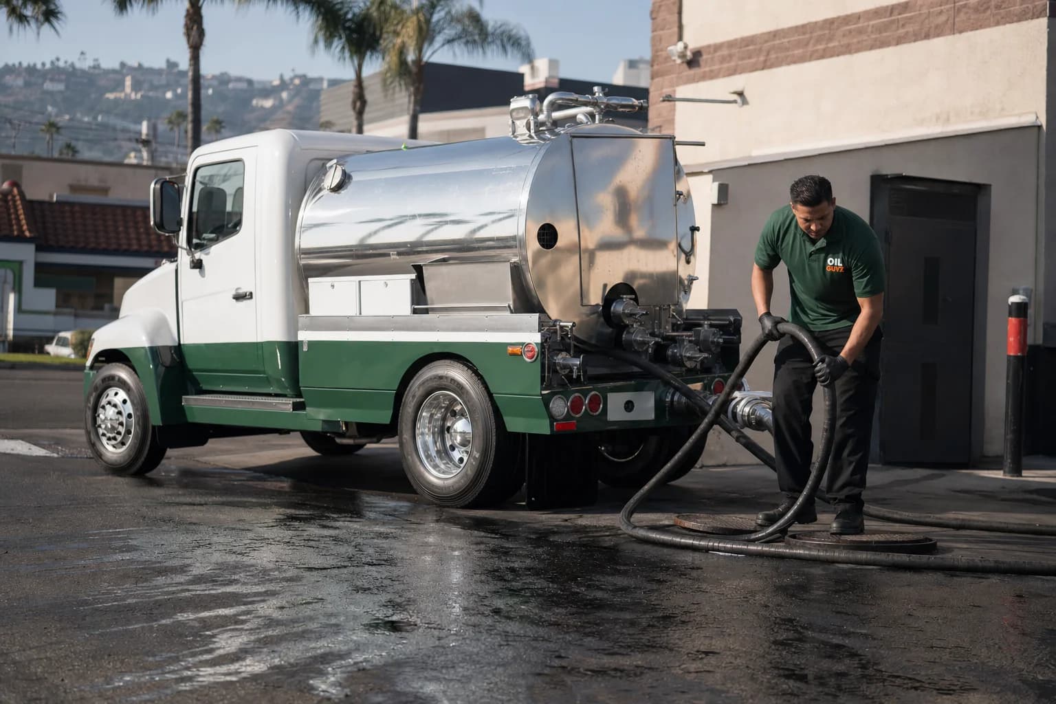 Free used cooking oil pickup at a El Monte restaurant — unbranded white pump truck with hunter-green Oil Guyz technician