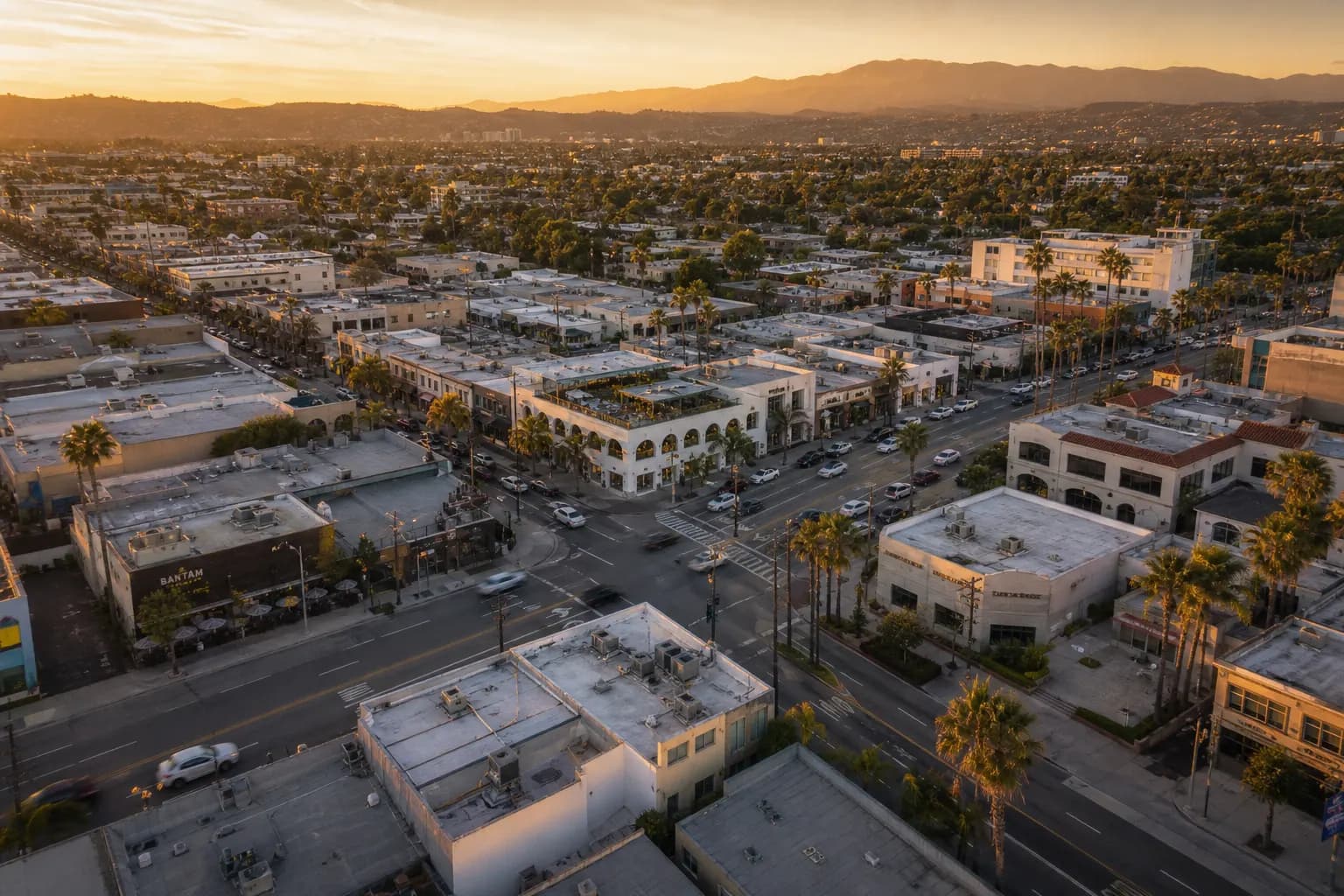 Aerial view of El Segundo restaurant district at golden hour