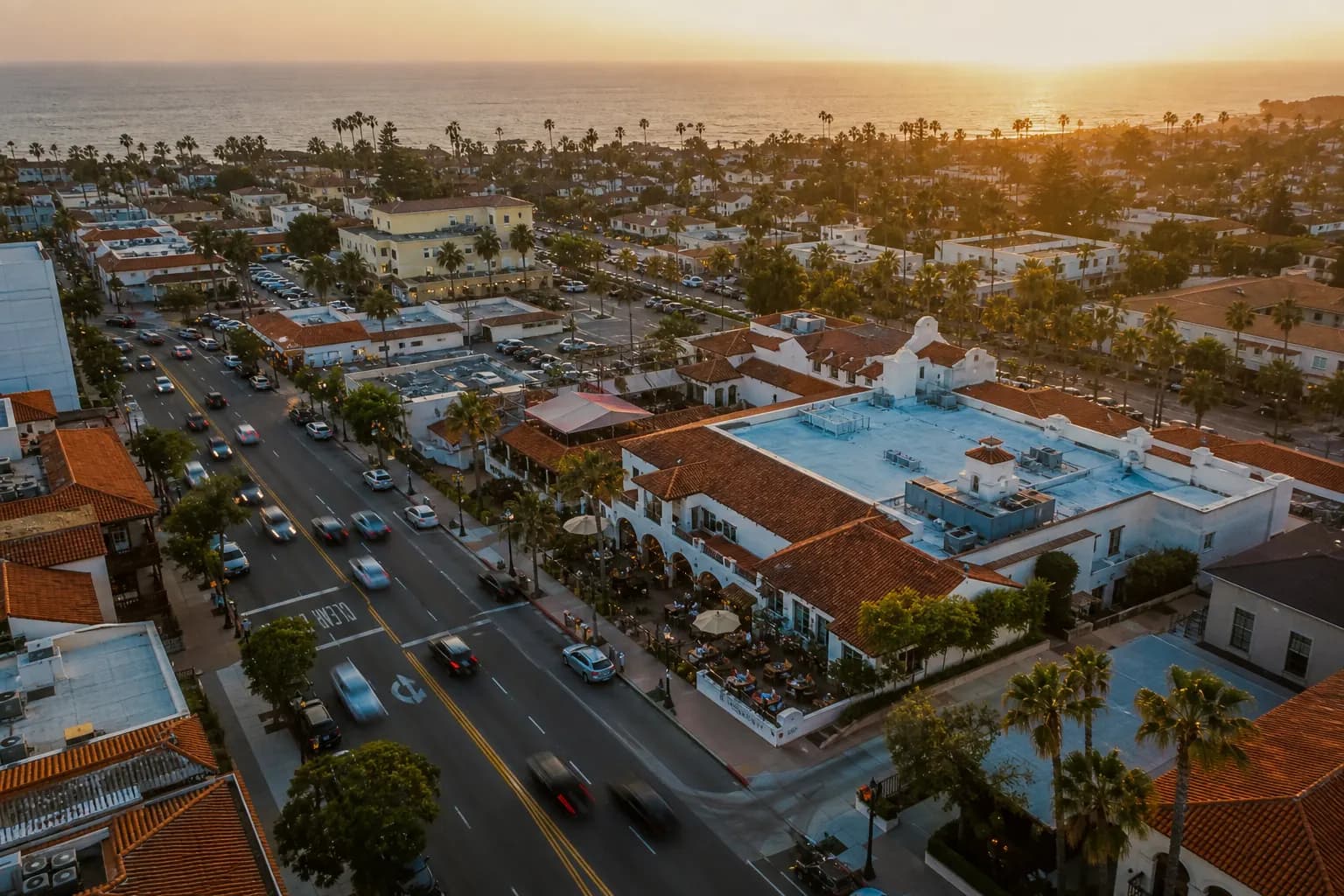Aerial view of Escondido restaurant district at golden hour
