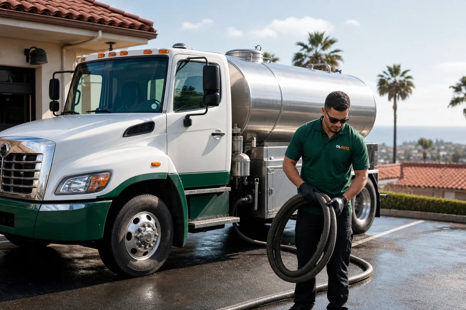 Free used cooking oil pickup at a Escondido restaurant — unbranded white pump truck with hunter-green Oil Guyz technician