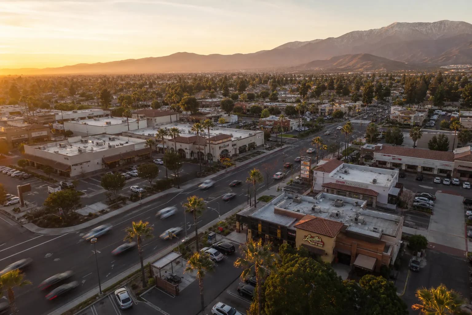Aerial view of Fontana restaurant district at golden hour