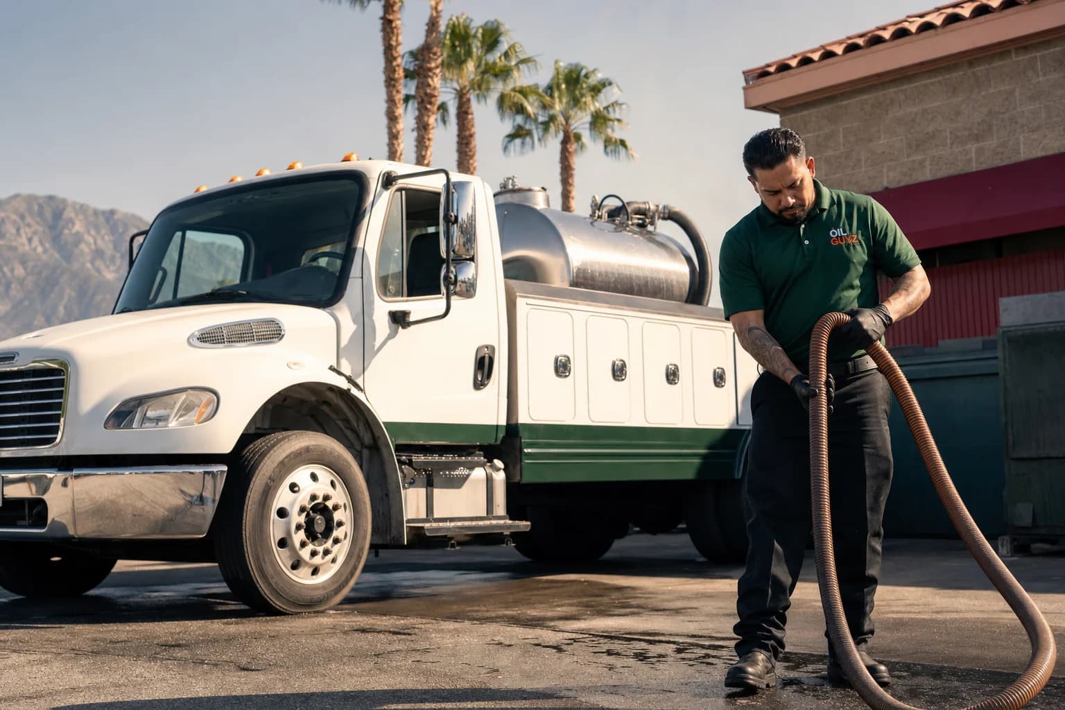Free used cooking oil pickup at a Fontana restaurant — unbranded white pump truck with hunter-green Oil Guyz technician