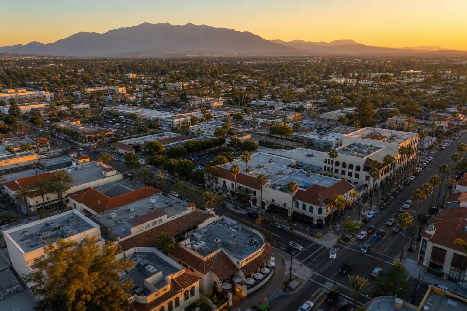 Aerial view of Fullerton restaurant district at golden hour
