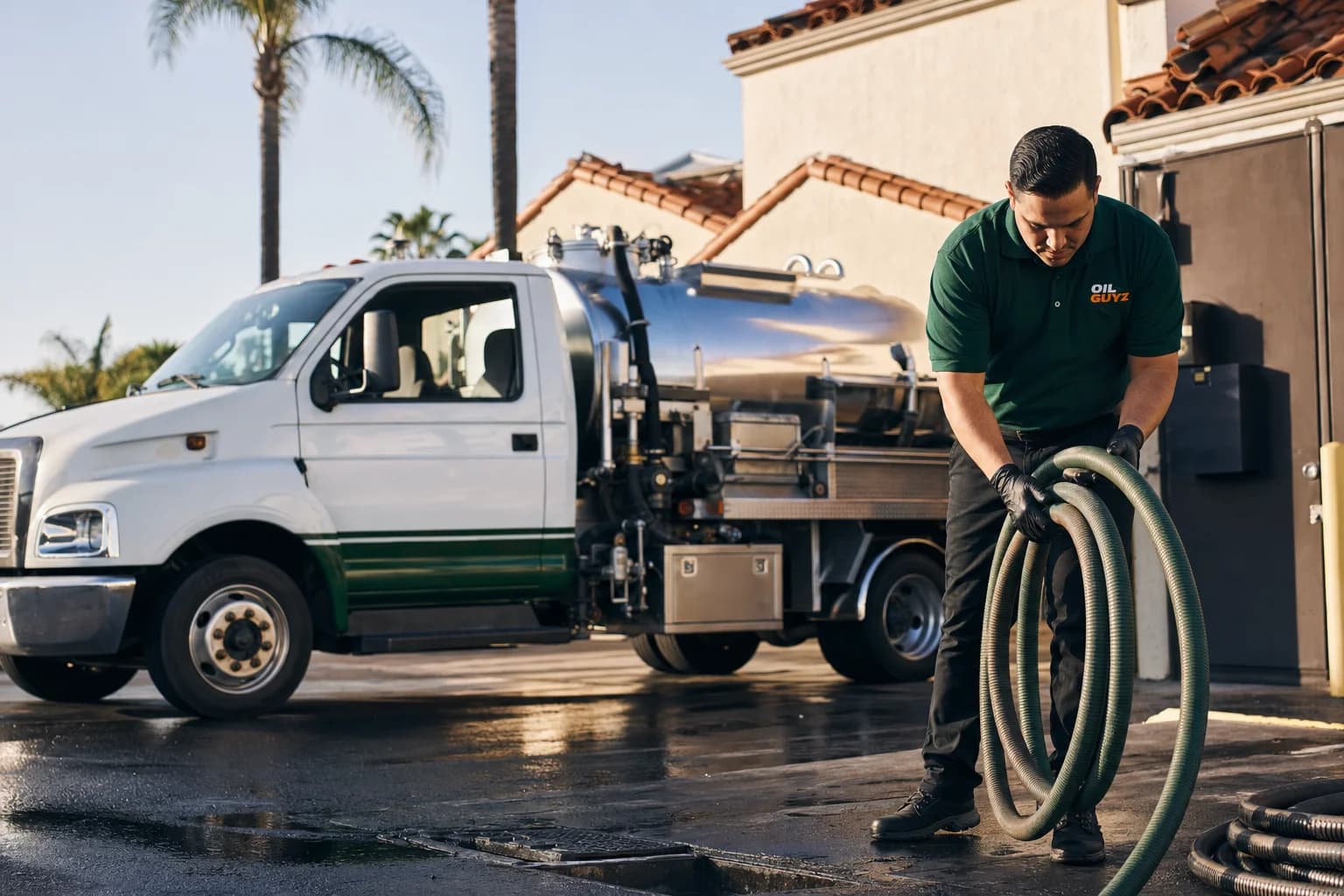 Free used cooking oil pickup at a Fullerton restaurant — unbranded white pump truck with hunter-green Oil Guyz technician