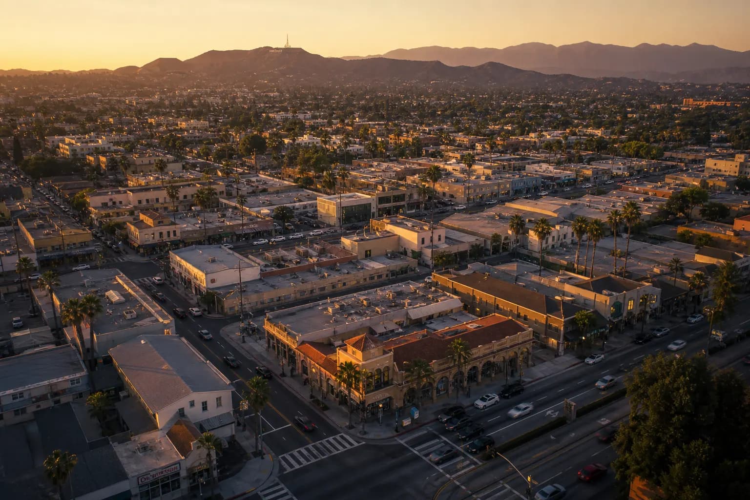 Aerial view of Gardena restaurant district at golden hour