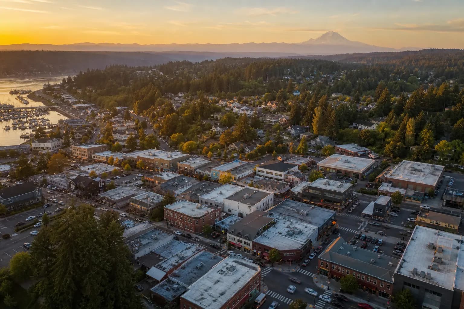 Aerial view of Gig Harbor restaurant district at golden hour