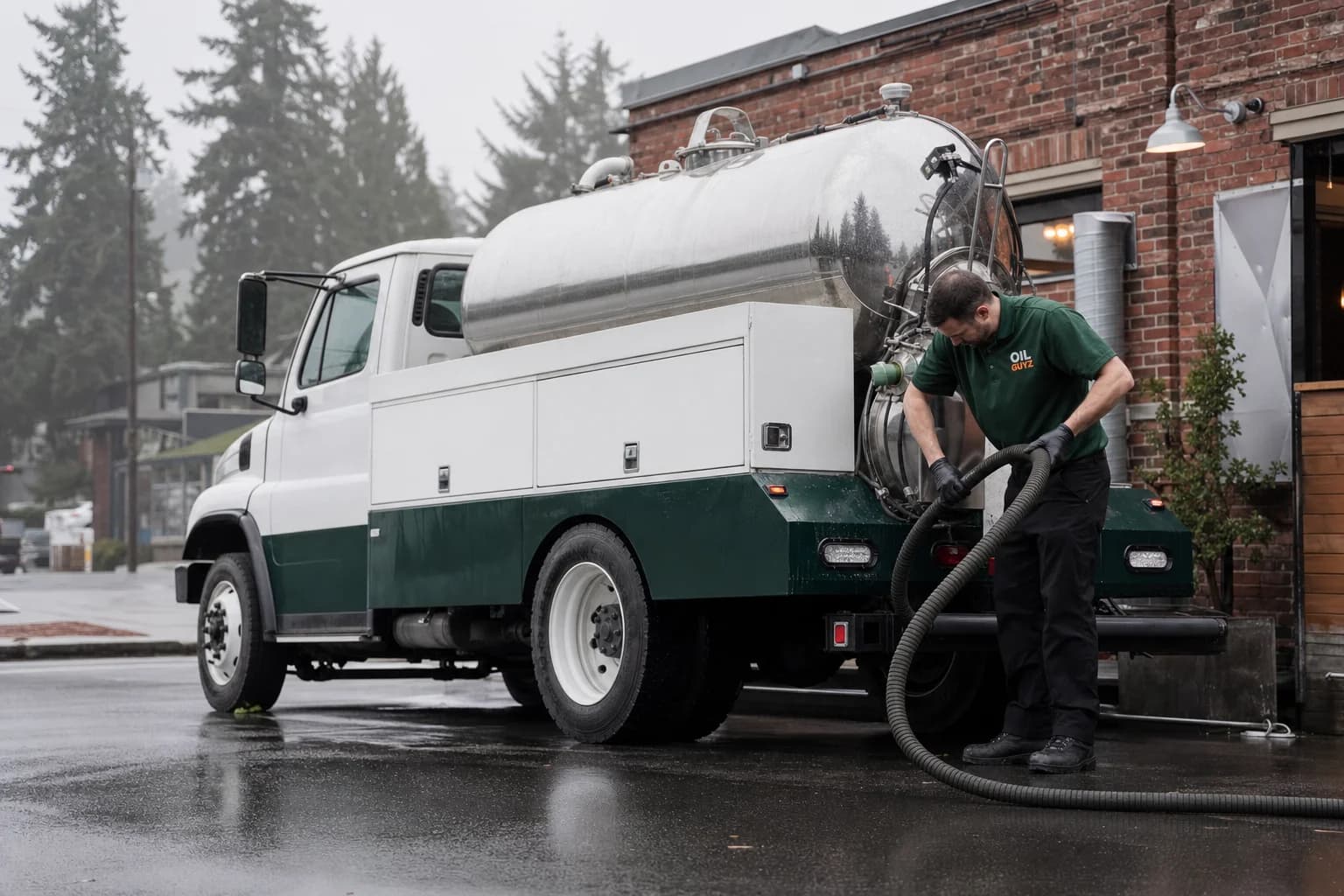 Free used cooking oil pickup at a Gig Harbor restaurant — unbranded white pump truck with hunter-green Oil Guyz technician