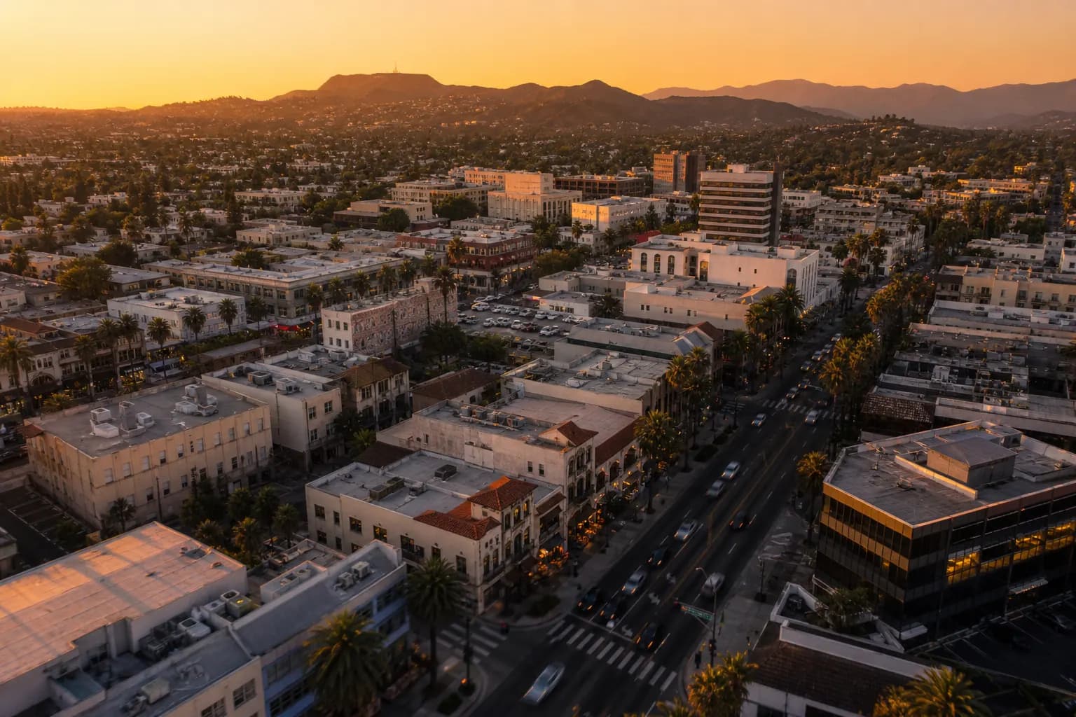 Aerial view of Glendale restaurant district at golden hour