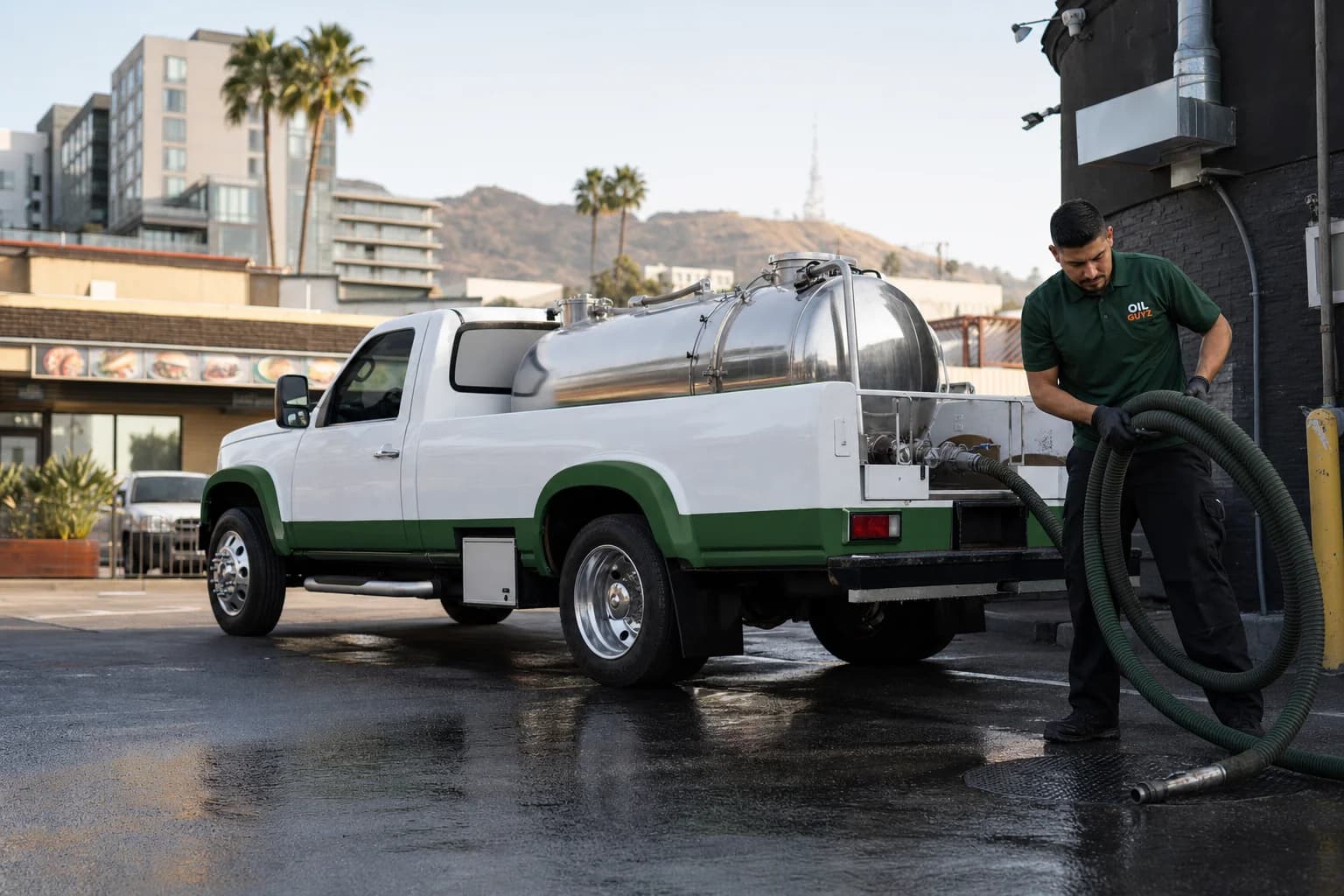 Free used cooking oil pickup at a Glendale restaurant — unbranded white pump truck with hunter-green Oil Guyz technician