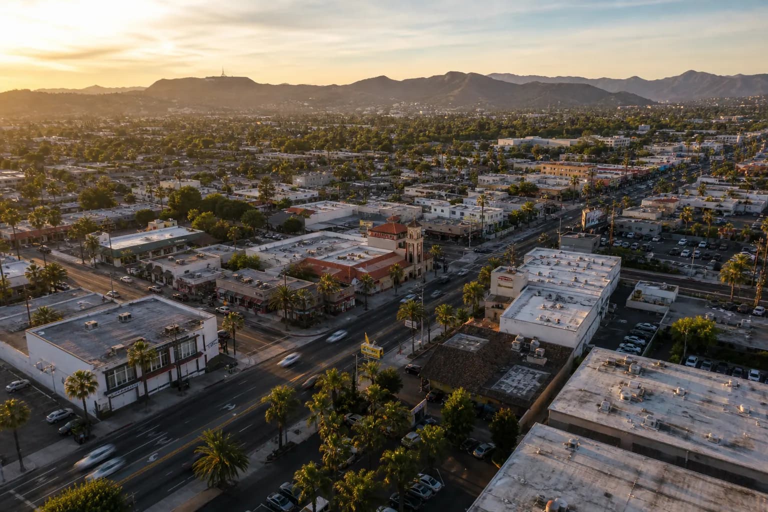Aerial view of Hawaiian Gardens restaurant district at golden hour