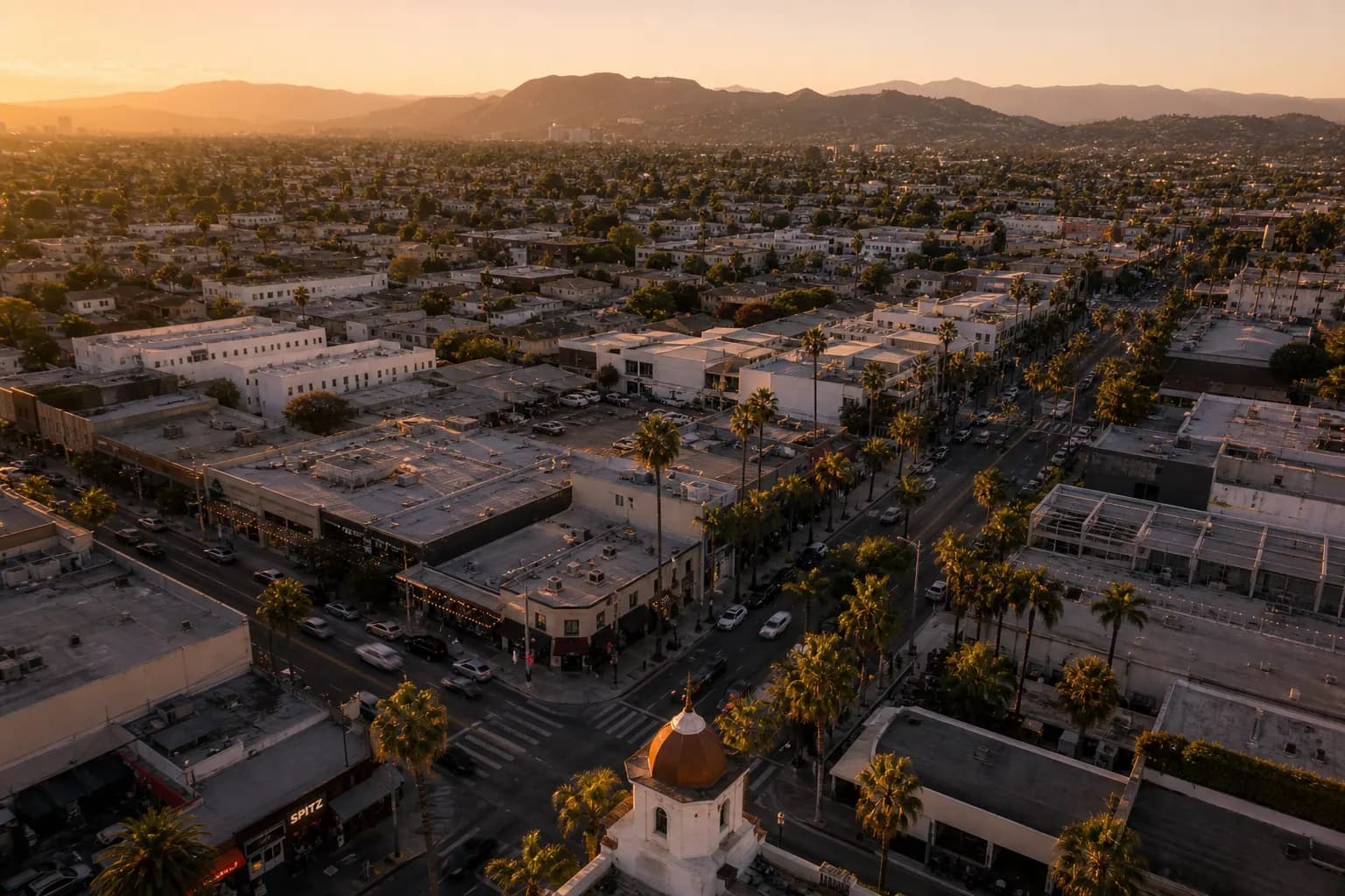 Aerial view of Hawthorne restaurant district at golden hour