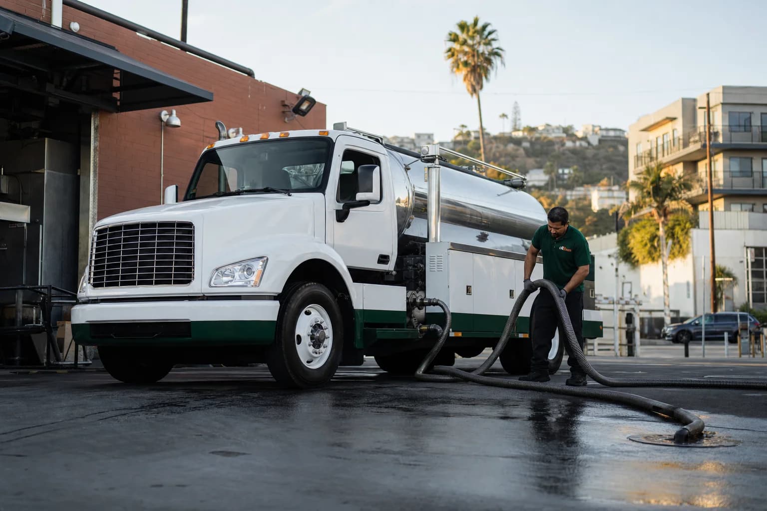 Free used cooking oil pickup at a Hawthorne restaurant — unbranded white pump truck with hunter-green Oil Guyz technician
