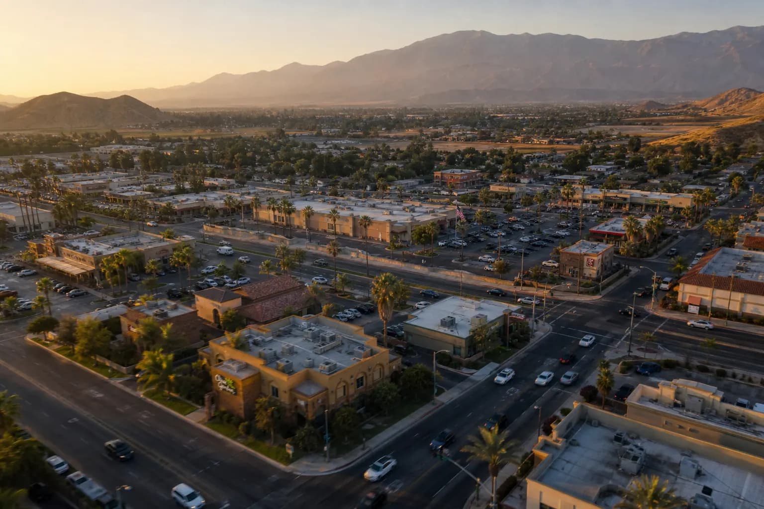 Aerial view of Hemet restaurant district at golden hour