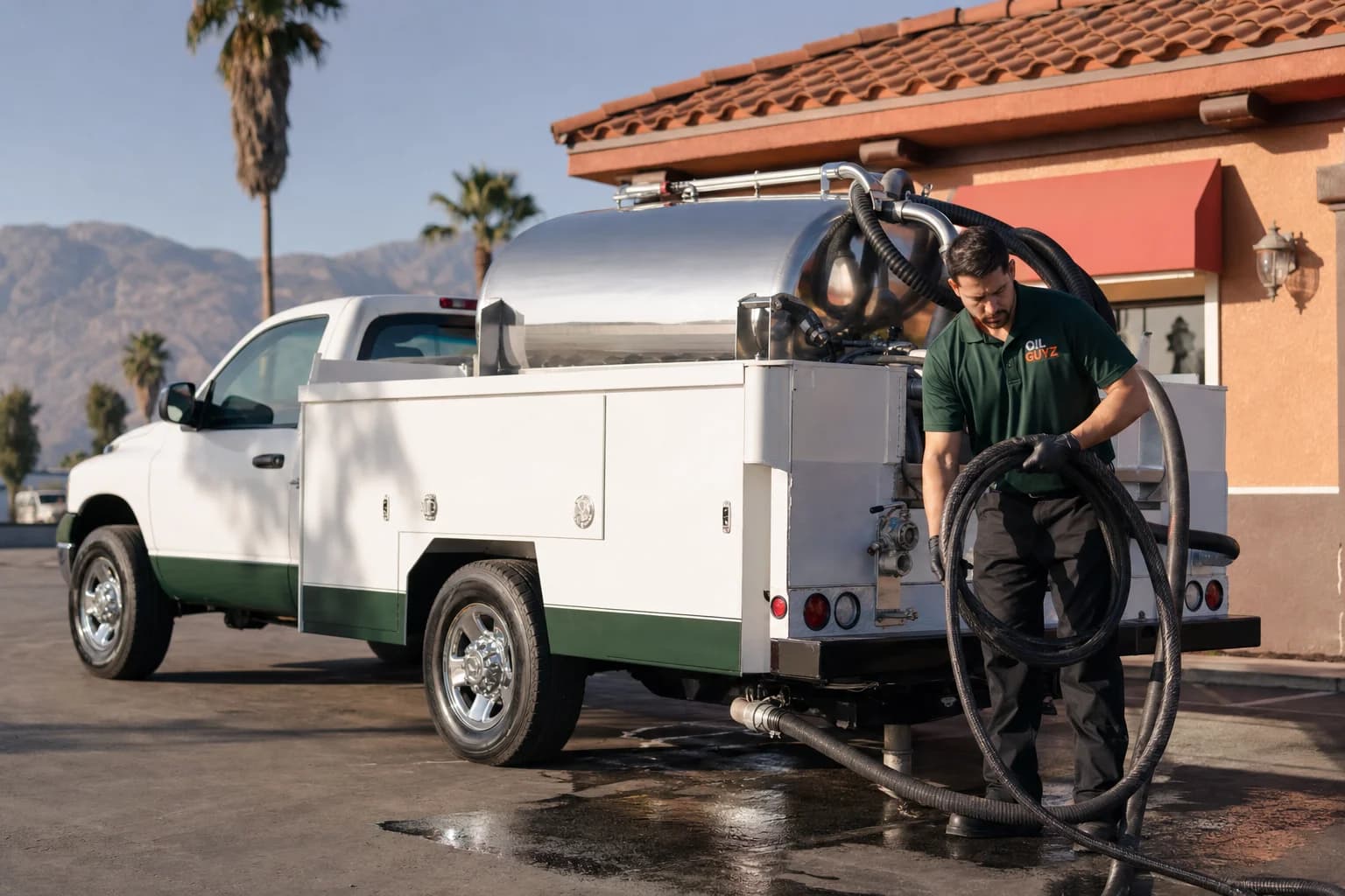 Free used cooking oil pickup at a Hemet restaurant — unbranded white pump truck with hunter-green Oil Guyz technician