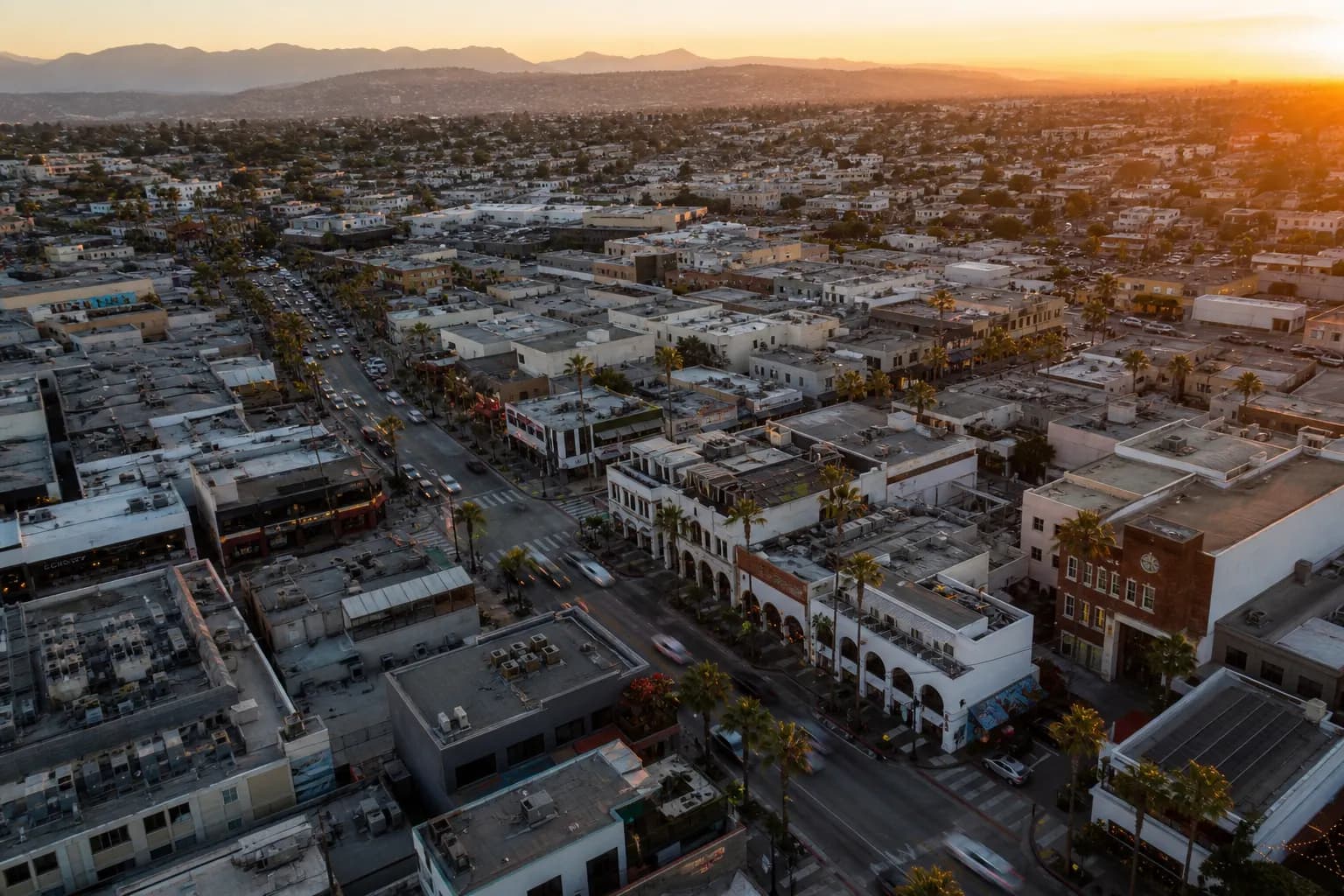 Aerial view of Hermosa Beach restaurant district at golden hour