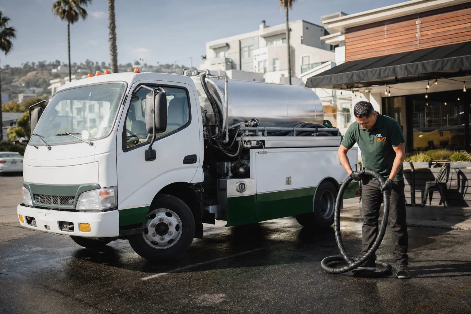 Free used cooking oil pickup at a Hermosa Beach restaurant — unbranded white pump truck with hunter-green Oil Guyz technician