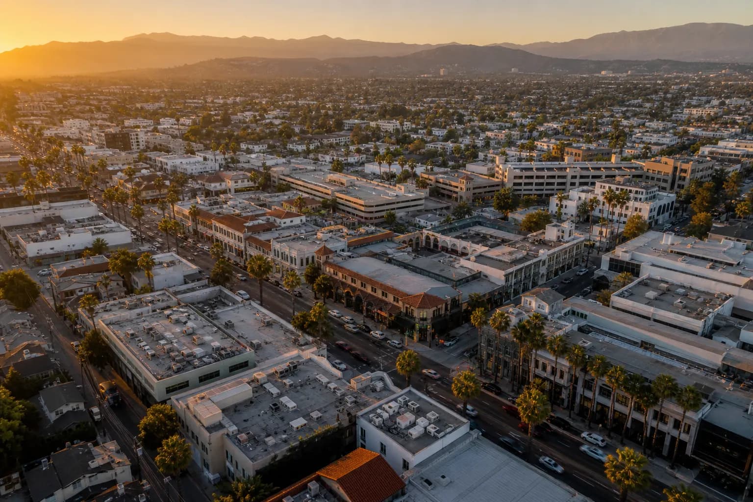 Aerial view of Hidden Hills restaurant district at golden hour
