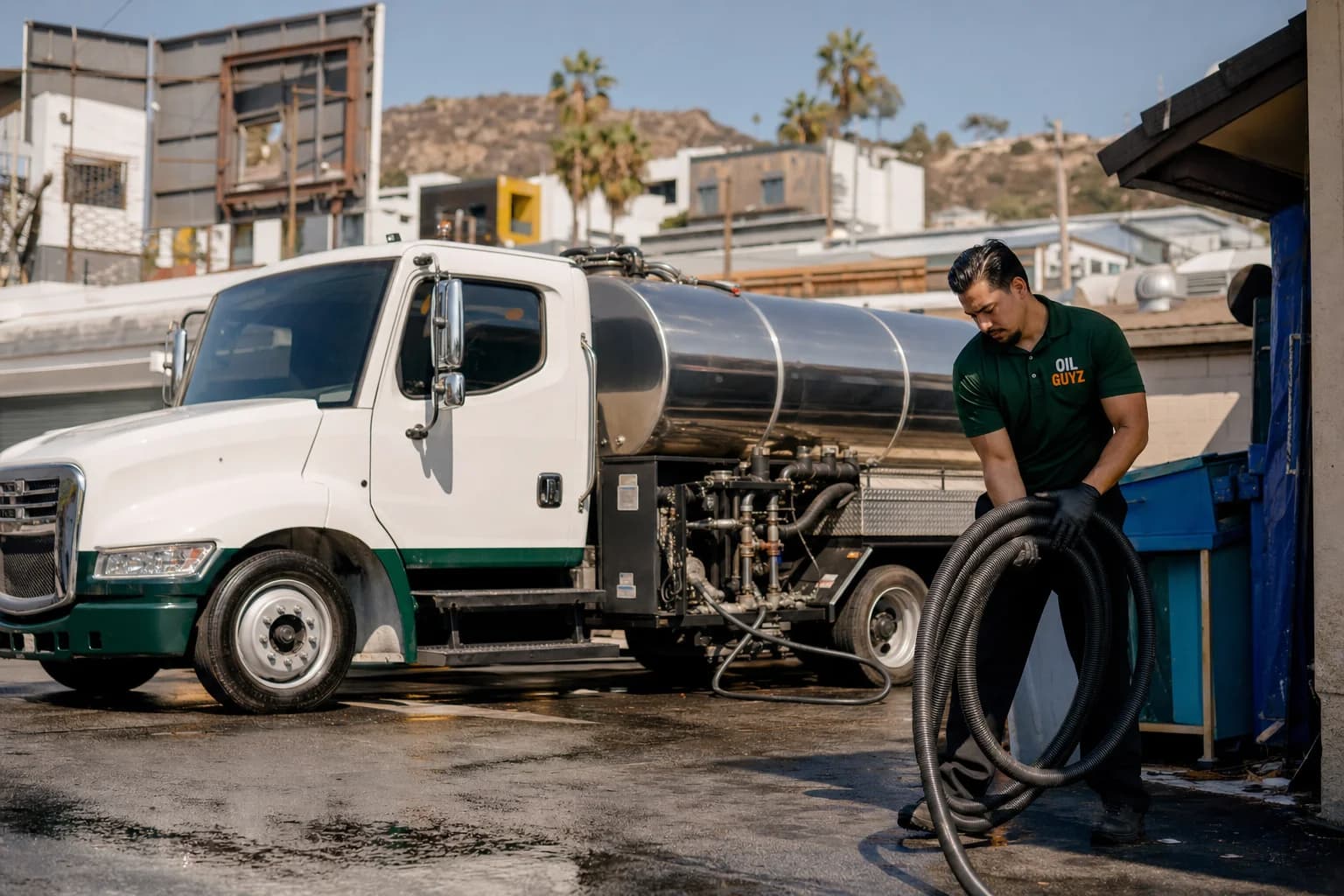 Free used cooking oil pickup at a Hidden Hills restaurant — unbranded white pump truck with hunter-green Oil Guyz technician