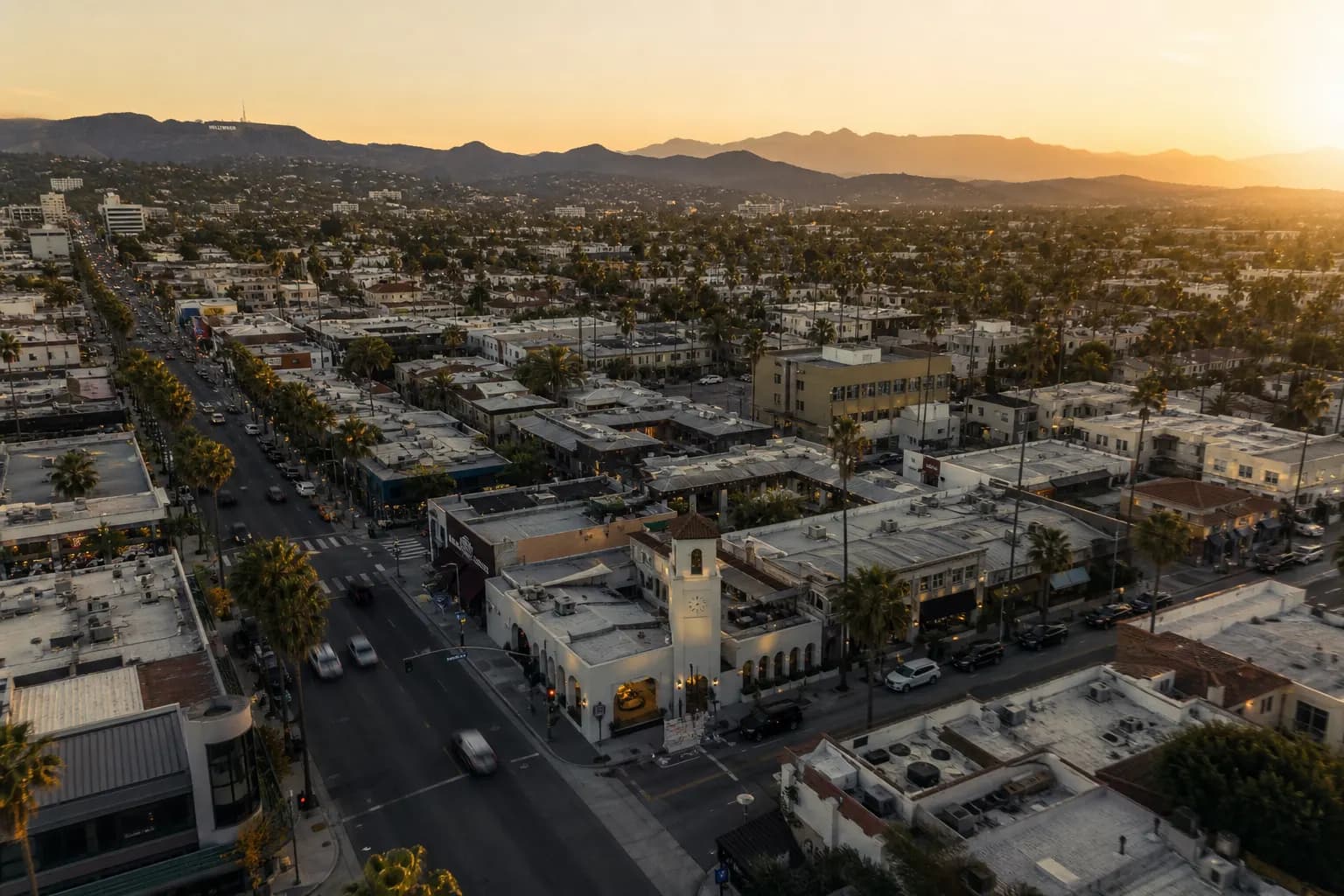 Aerial view of Huntington Park restaurant district at golden hour