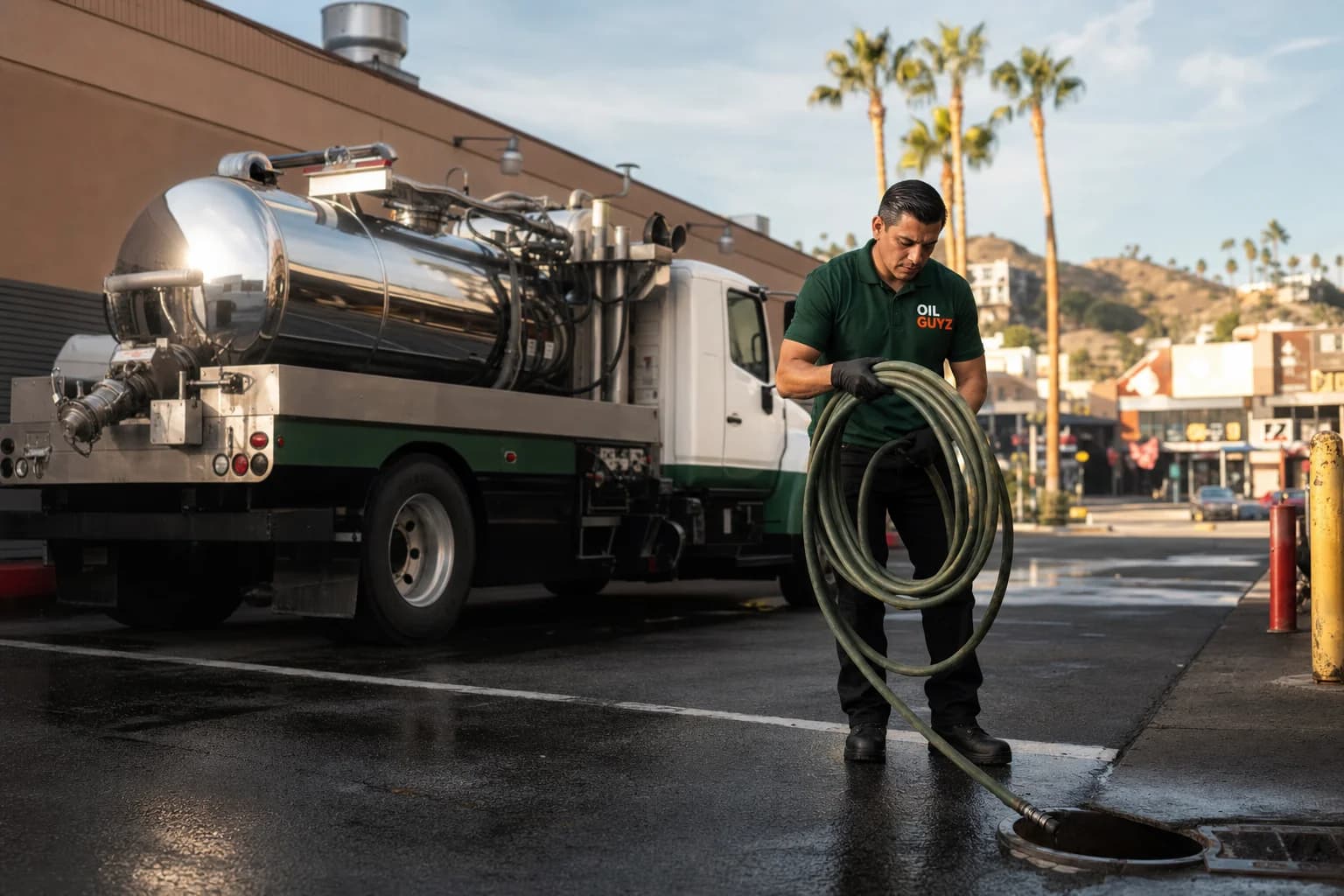 Free used cooking oil pickup at a Huntington Park restaurant — unbranded white pump truck with hunter-green Oil Guyz technician