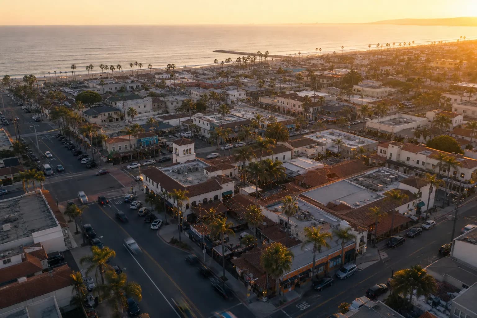 Aerial view of Imperial Beach restaurant district at golden hour