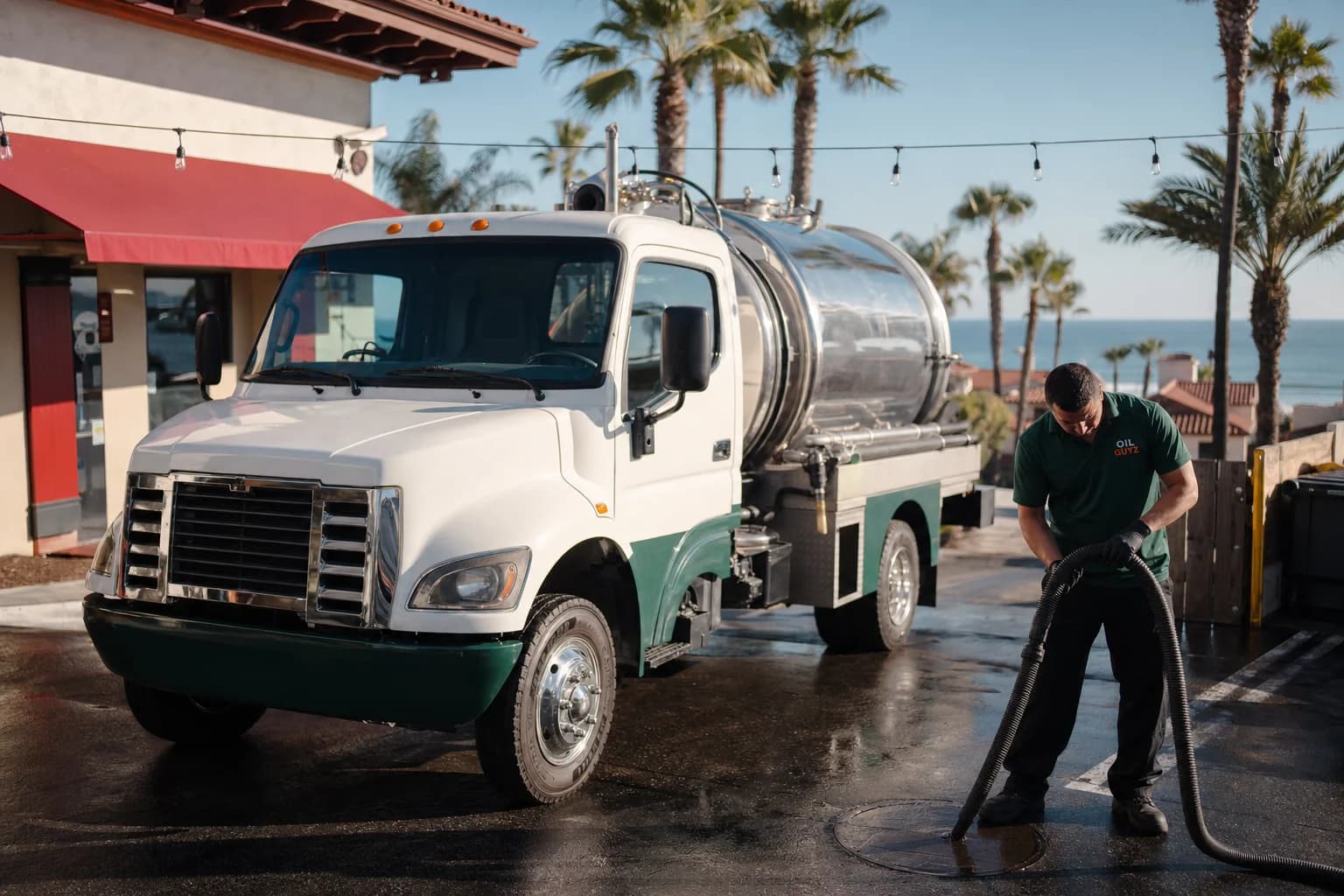 Free used cooking oil pickup at a Imperial Beach restaurant — unbranded white pump truck with hunter-green Oil Guyz technician