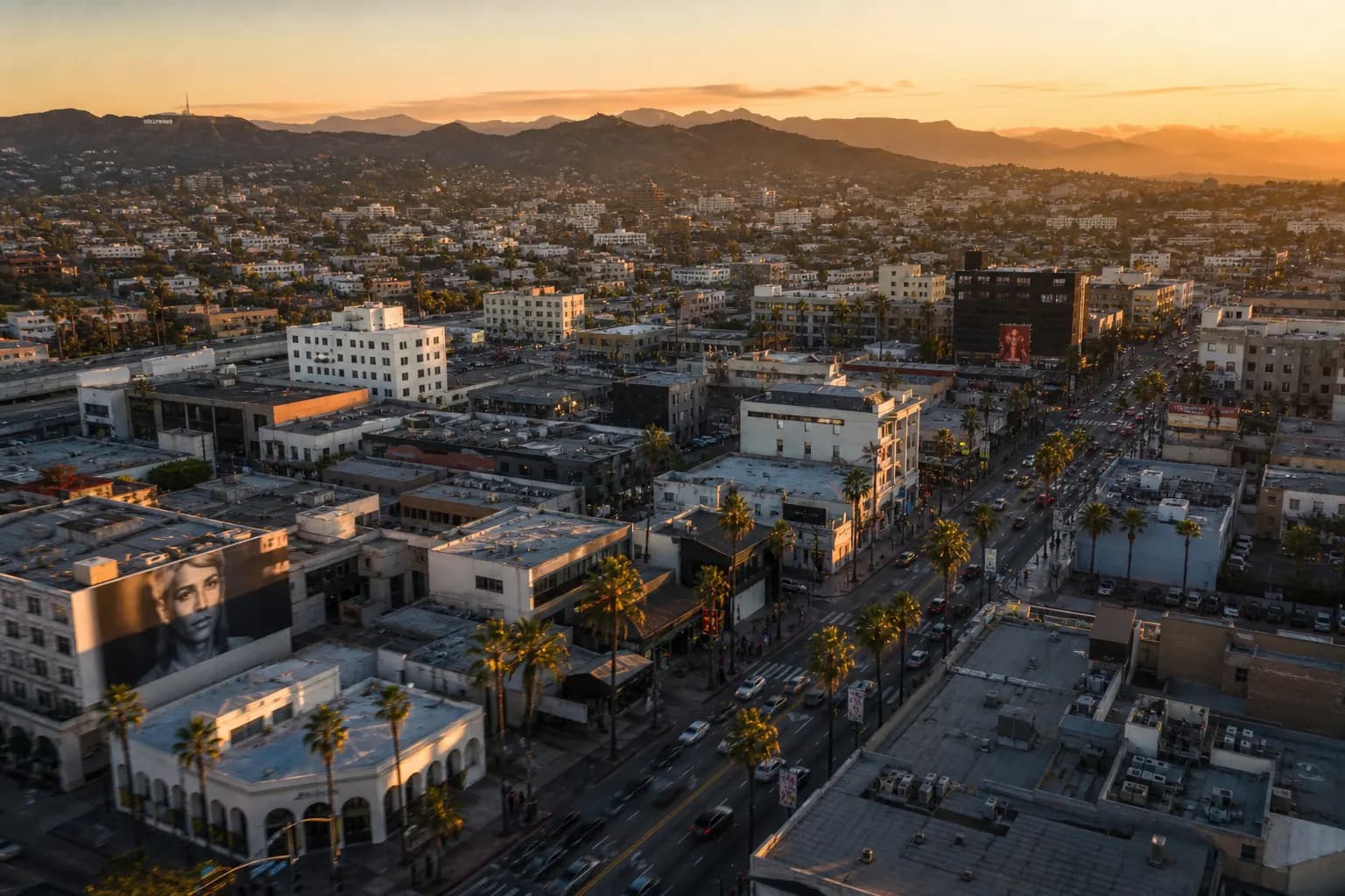 Aerial view of City of Industry restaurant district at golden hour