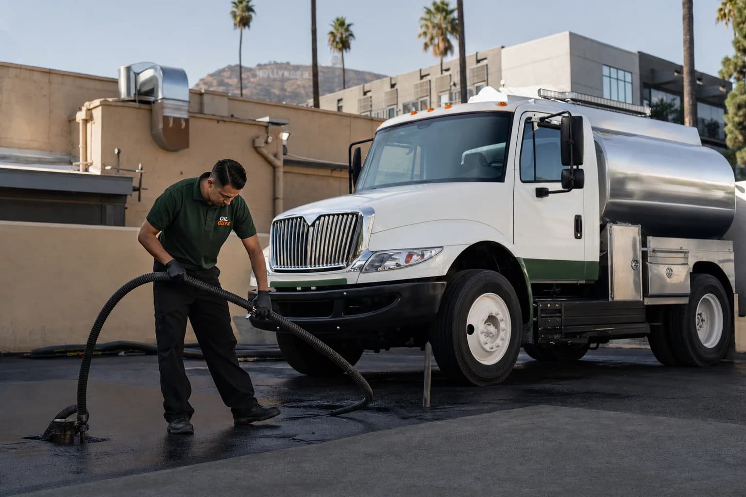 Free used cooking oil pickup at a City of Industry restaurant — unbranded white pump truck with hunter-green Oil Guyz technician