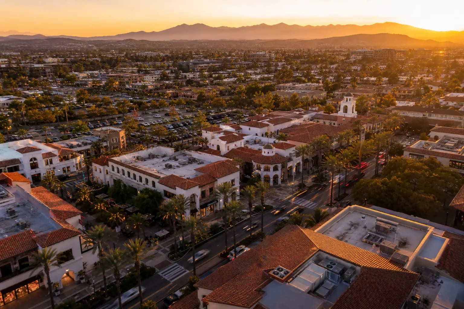 Aerial view of Irvine restaurant district at golden hour