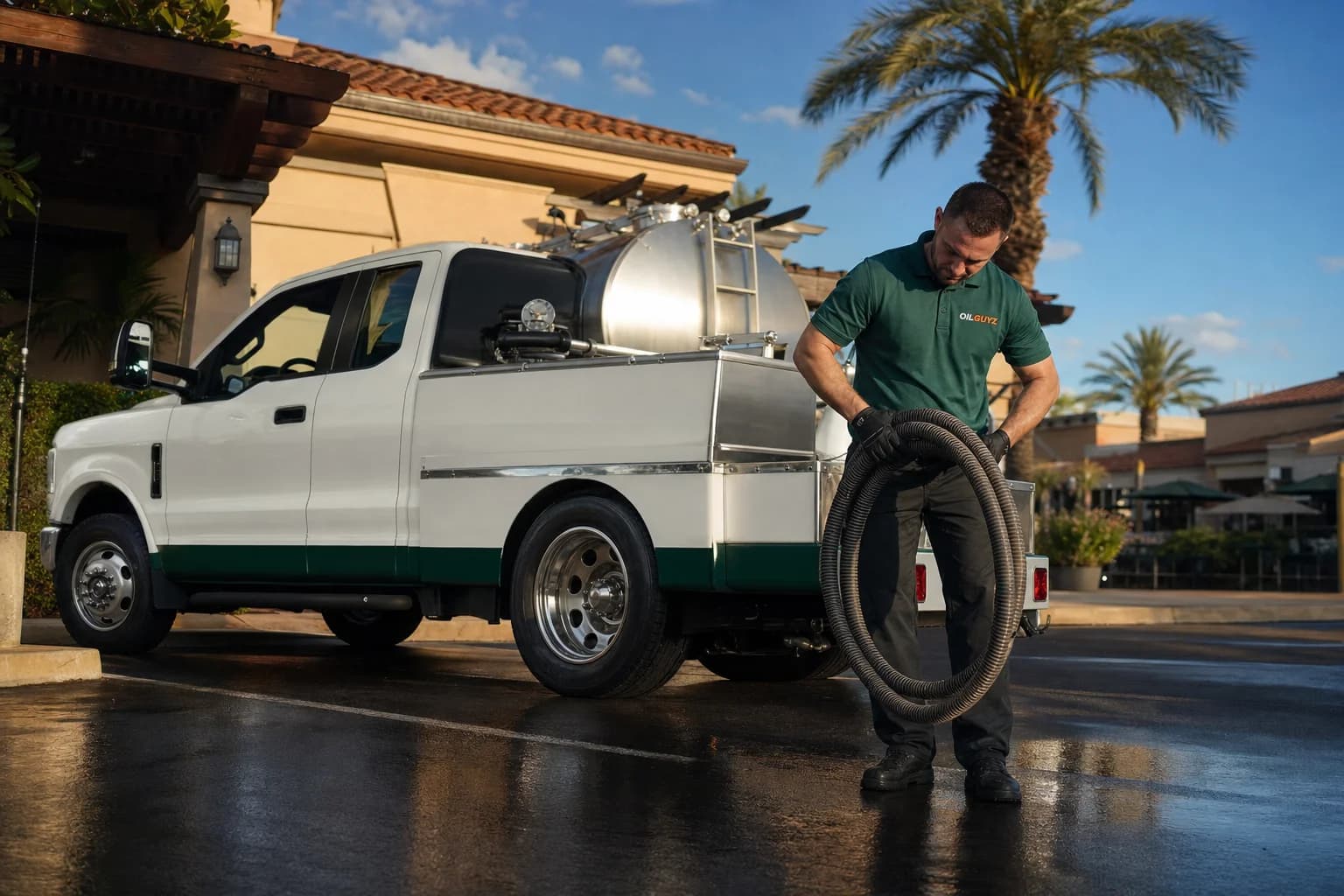 Free used cooking oil pickup at a Irvine restaurant — unbranded white pump truck with hunter-green Oil Guyz technician