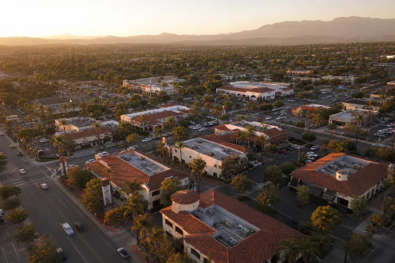 Aerial view of La Habra restaurant district at golden hour