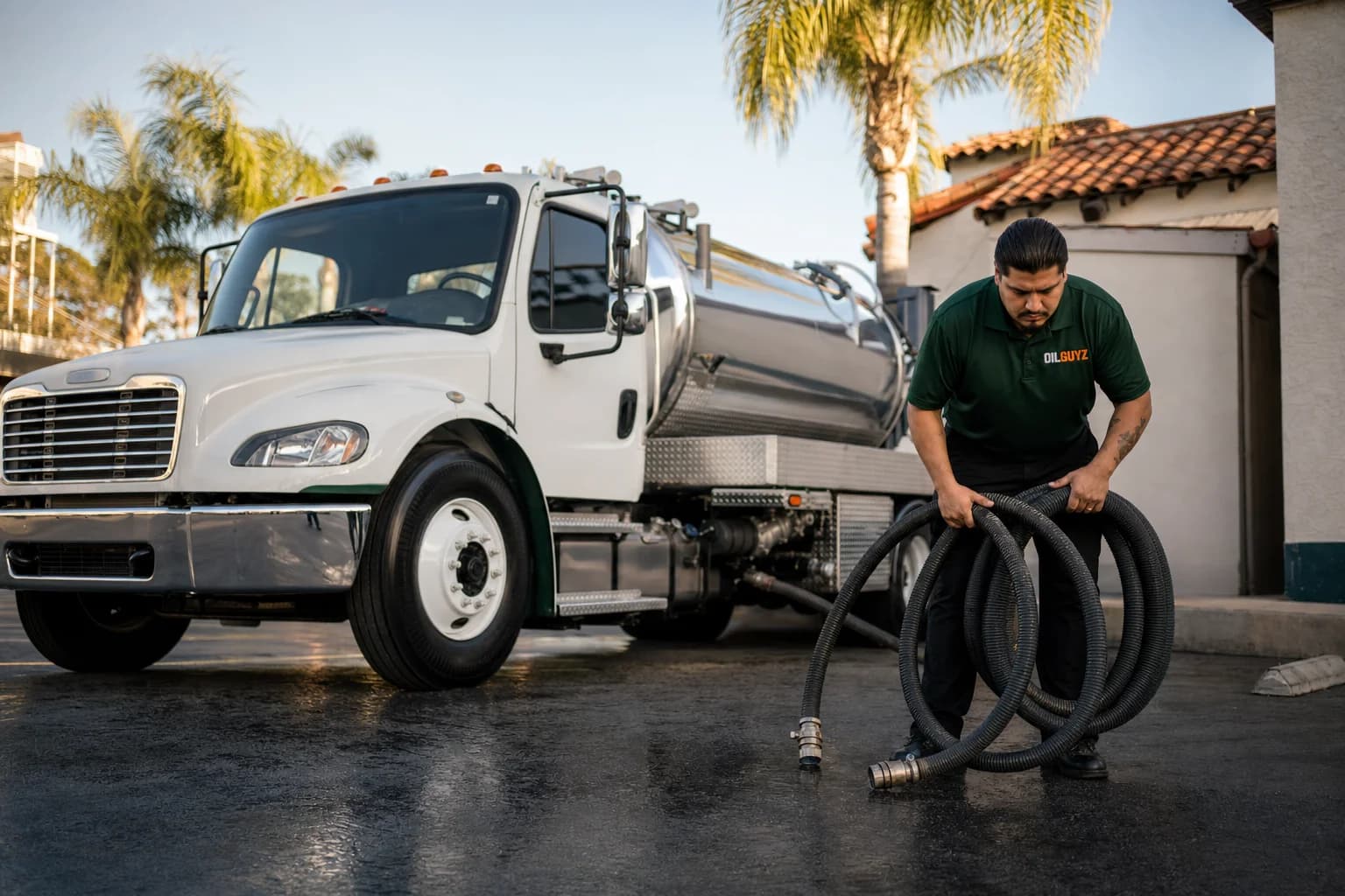Free used cooking oil pickup at a La Habra restaurant — unbranded white pump truck with hunter-green Oil Guyz technician