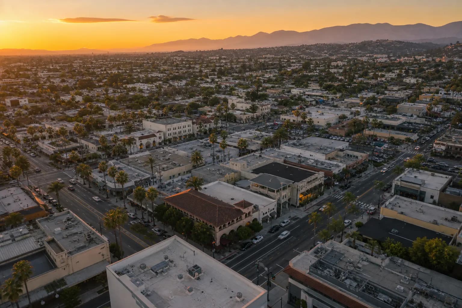 Aerial view of La Habra Heights restaurant district at golden hour