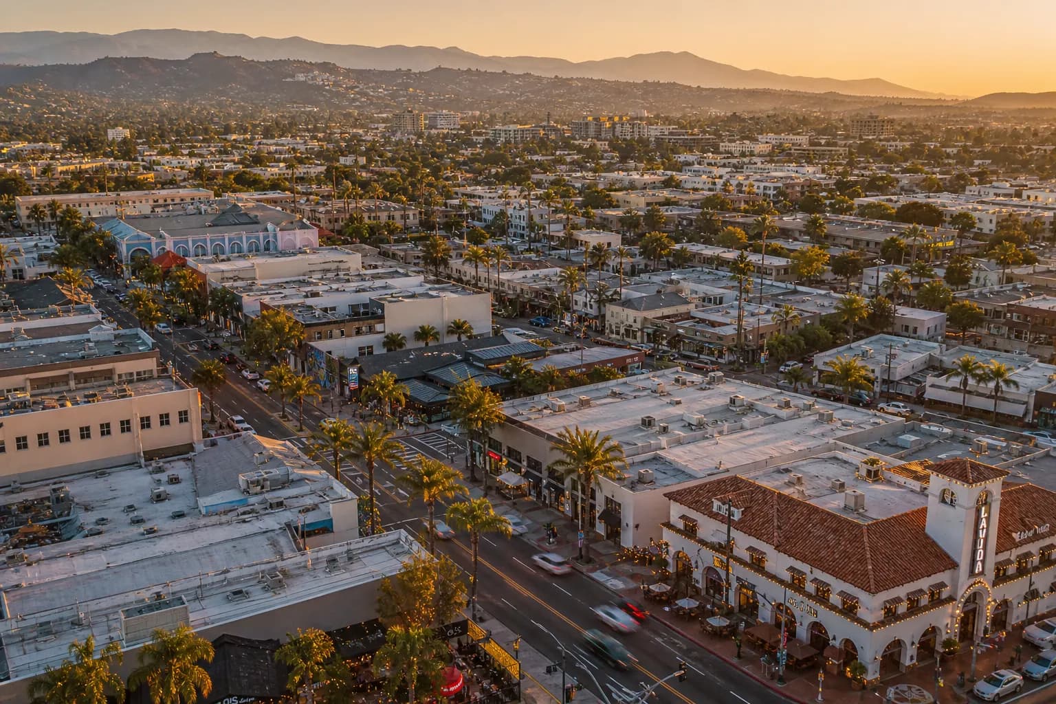 Aerial view of La Mirada restaurant district at golden hour
