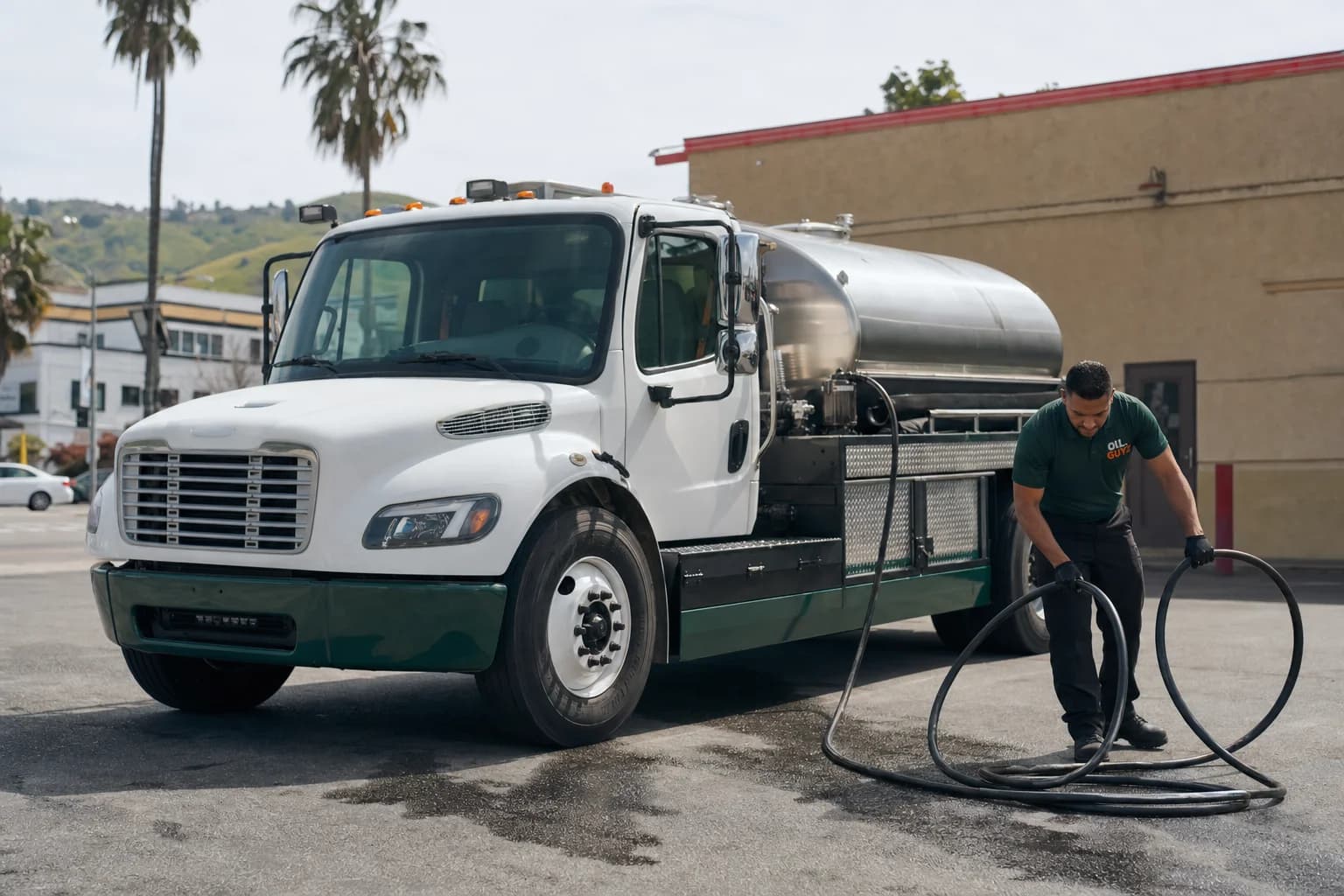 Free used cooking oil pickup at a La Mirada restaurant — unbranded white pump truck with hunter-green Oil Guyz technician