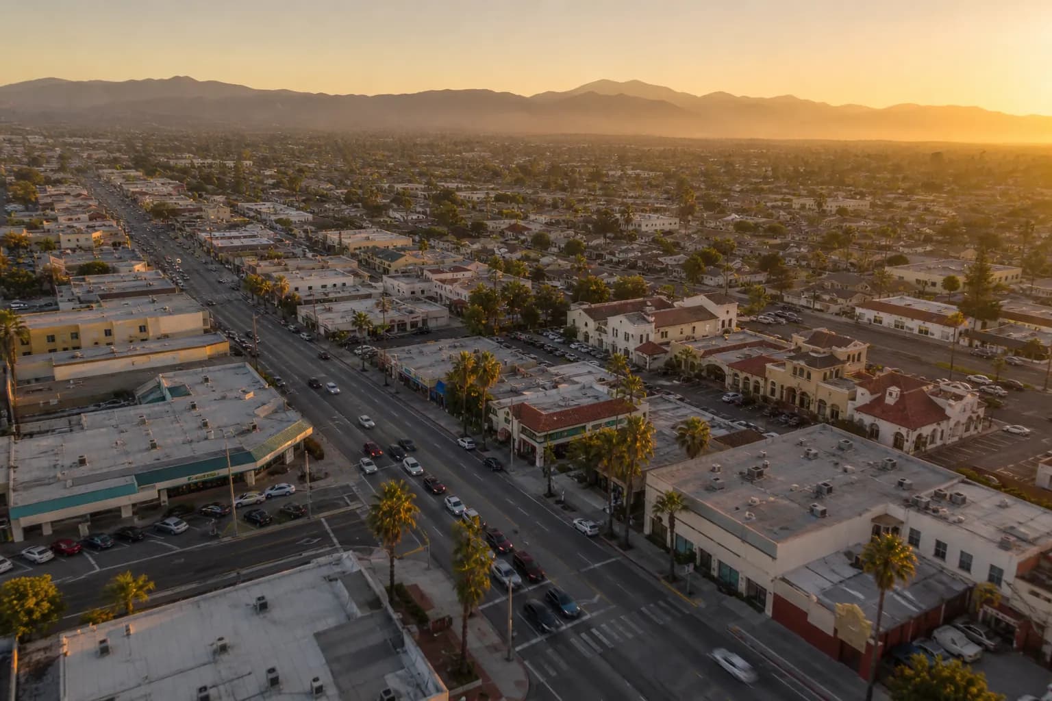 Aerial view of La Puente restaurant district at golden hour