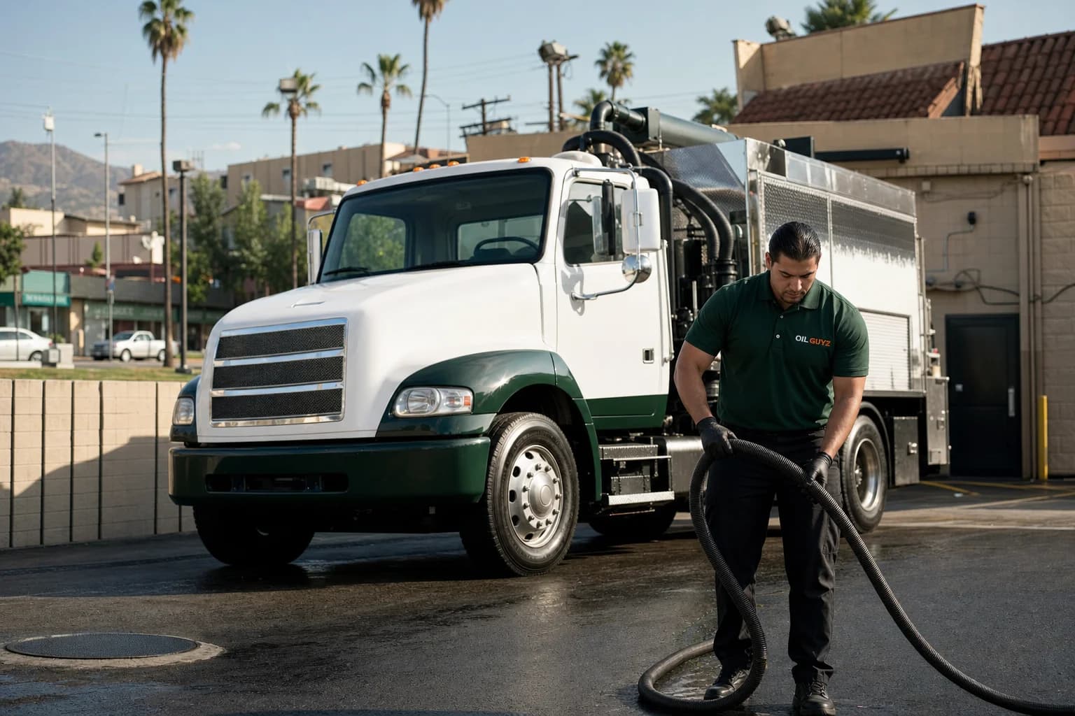 Free used cooking oil pickup at a La Puente restaurant — unbranded white pump truck with hunter-green Oil Guyz technician