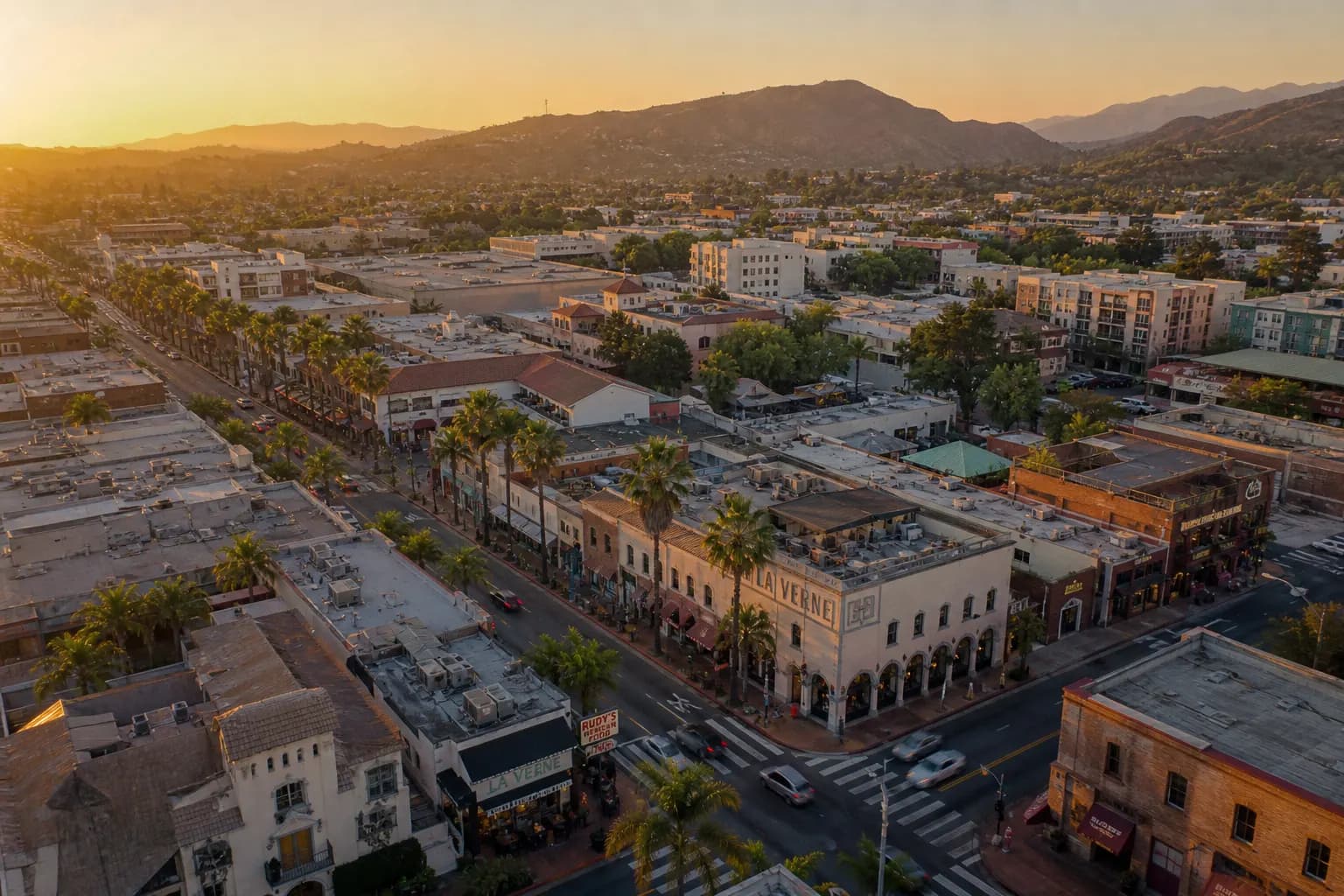 Aerial view of La Verne restaurant district at golden hour