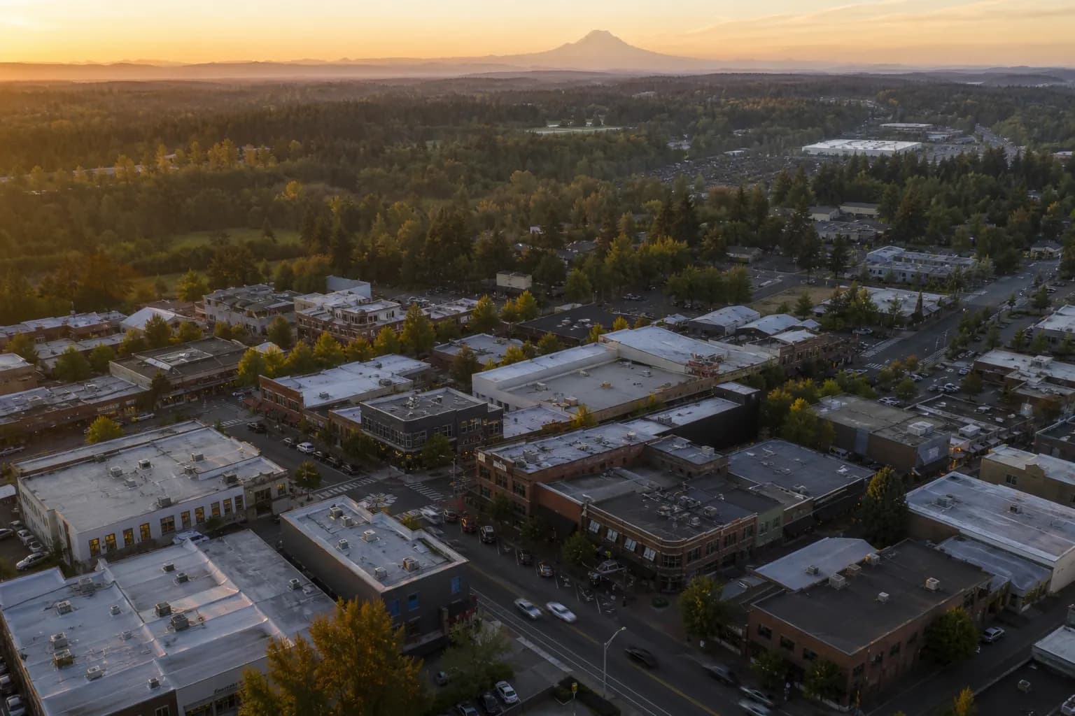 Aerial view of Lacey restaurant district at golden hour