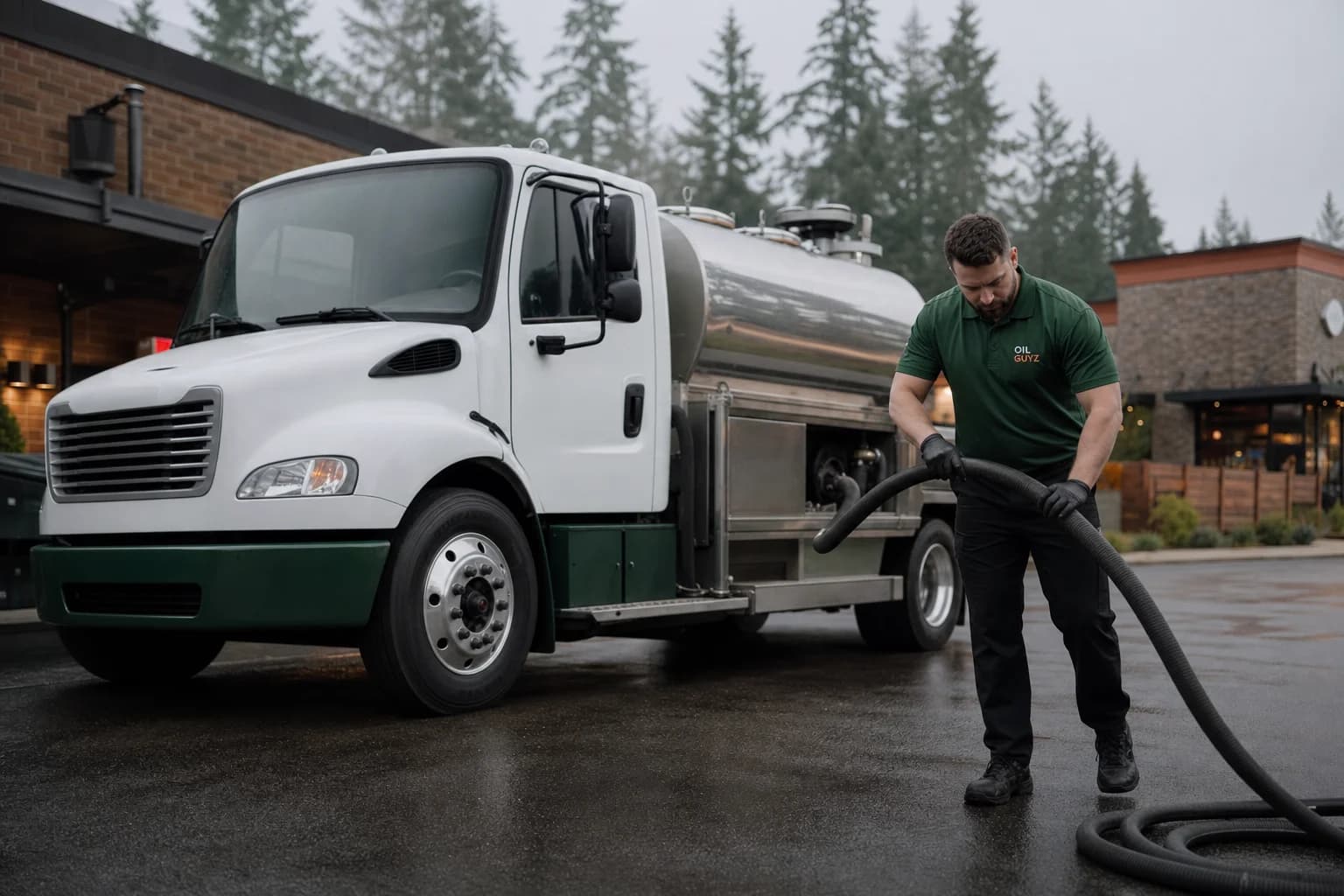 Free used cooking oil pickup at a Lacey restaurant — unbranded white pump truck with hunter-green Oil Guyz technician
