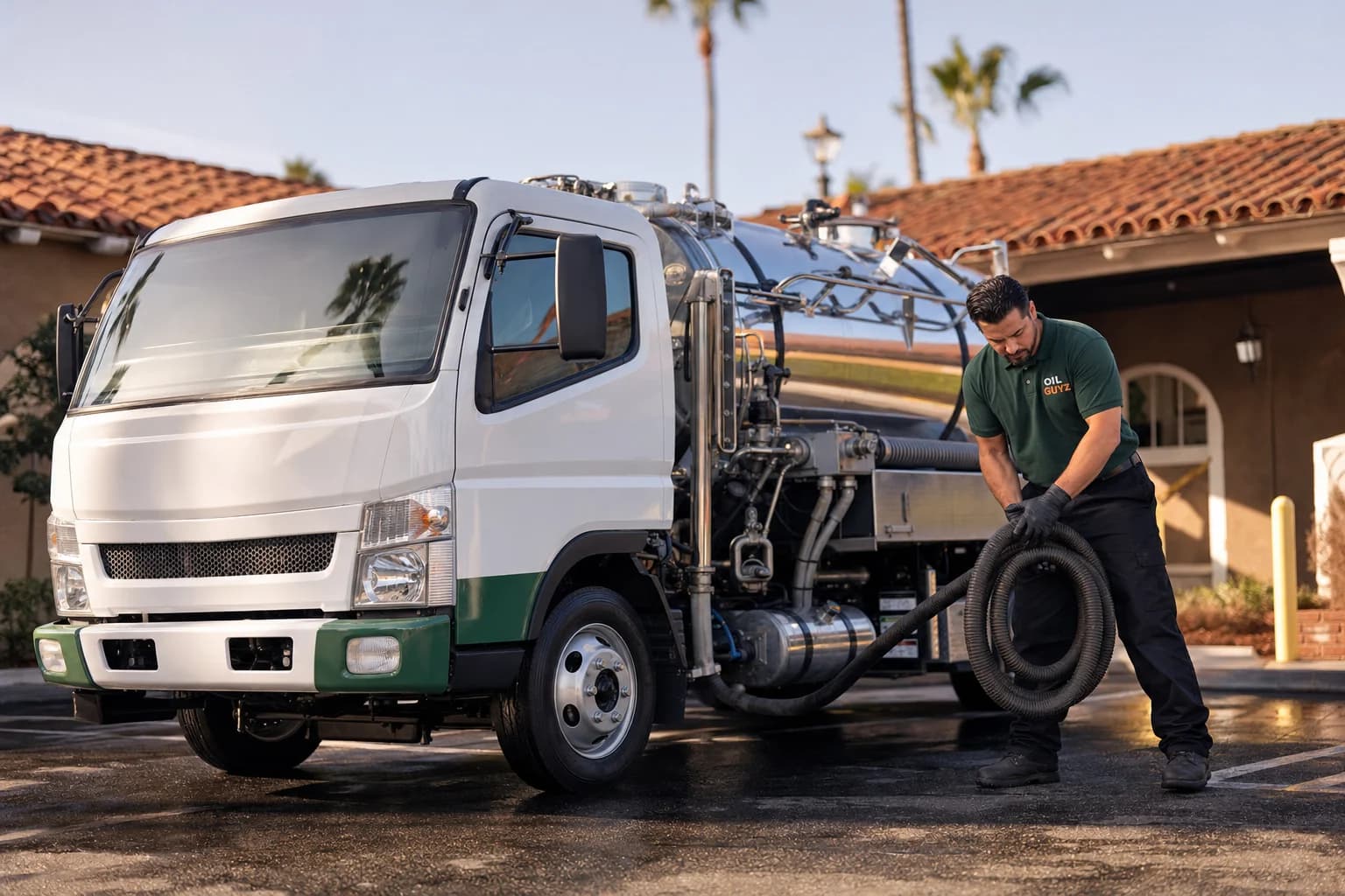 Free used cooking oil pickup at a Laguna Woods restaurant — unbranded white pump truck with hunter-green Oil Guyz technician