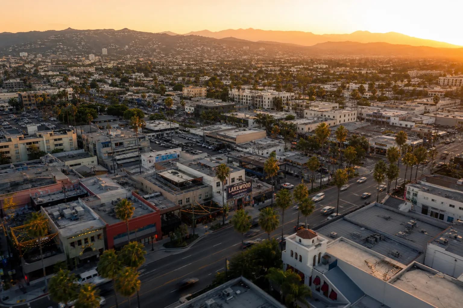 Aerial view of Lakewood restaurant district at golden hour
