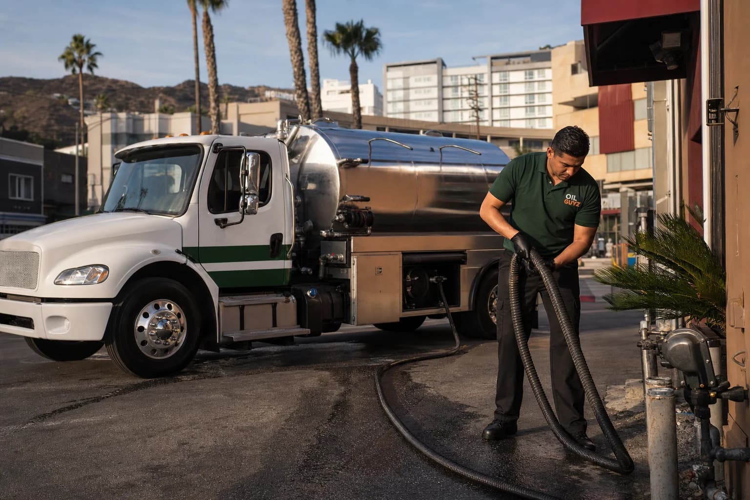Free used cooking oil pickup at a Lakewood restaurant — unbranded white pump truck with hunter-green Oil Guyz technician